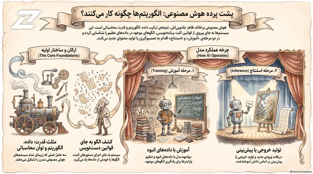مکانیسم‌های اصلی هوش مصنوعی شامل آموزش با داده‌ها و مرحله استنتاج