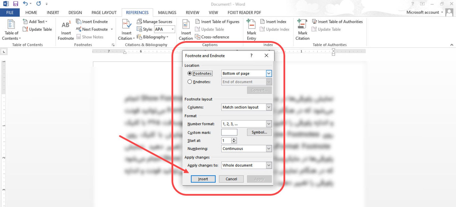 تنظیمات پاورقی در برنامه ورد 