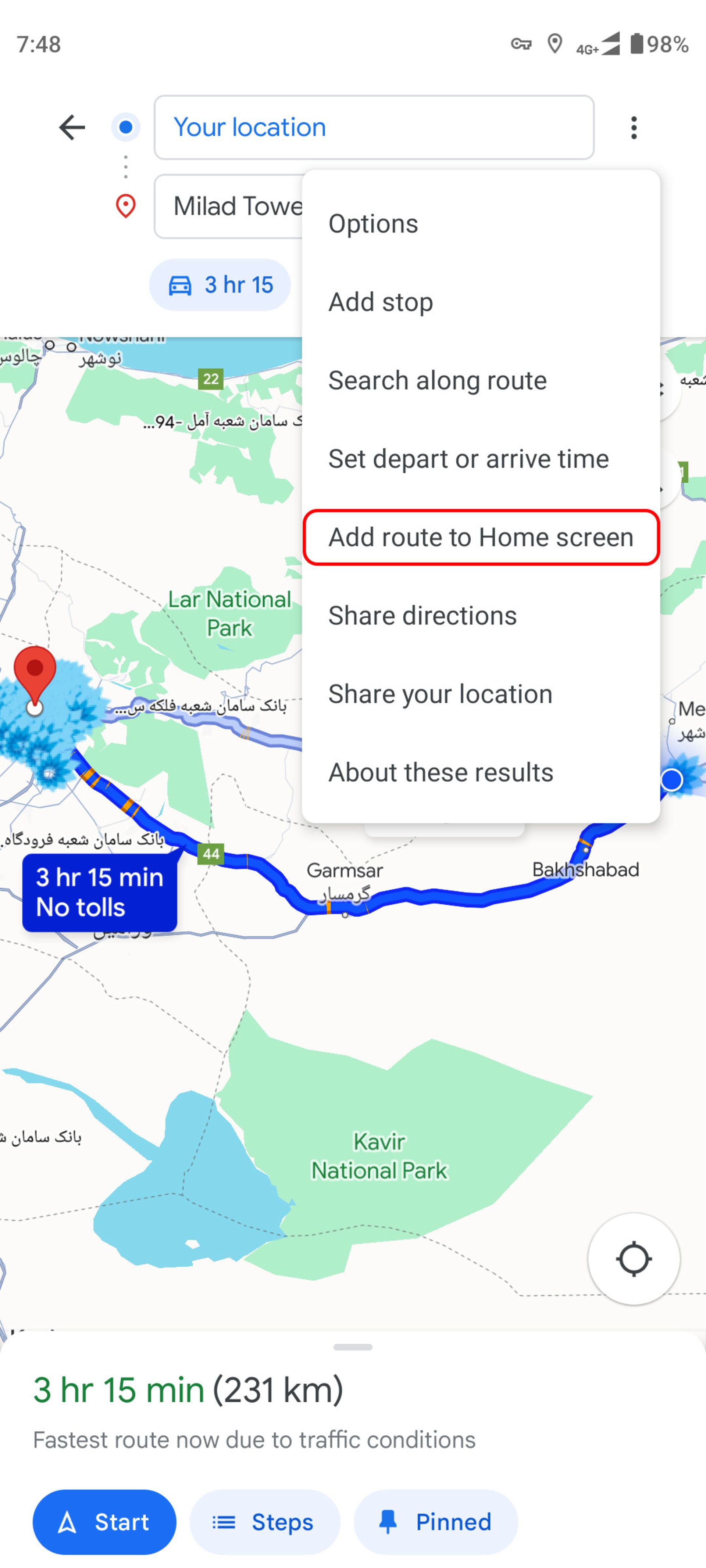 انتخاب Add route to Home screen در گوگل مپ