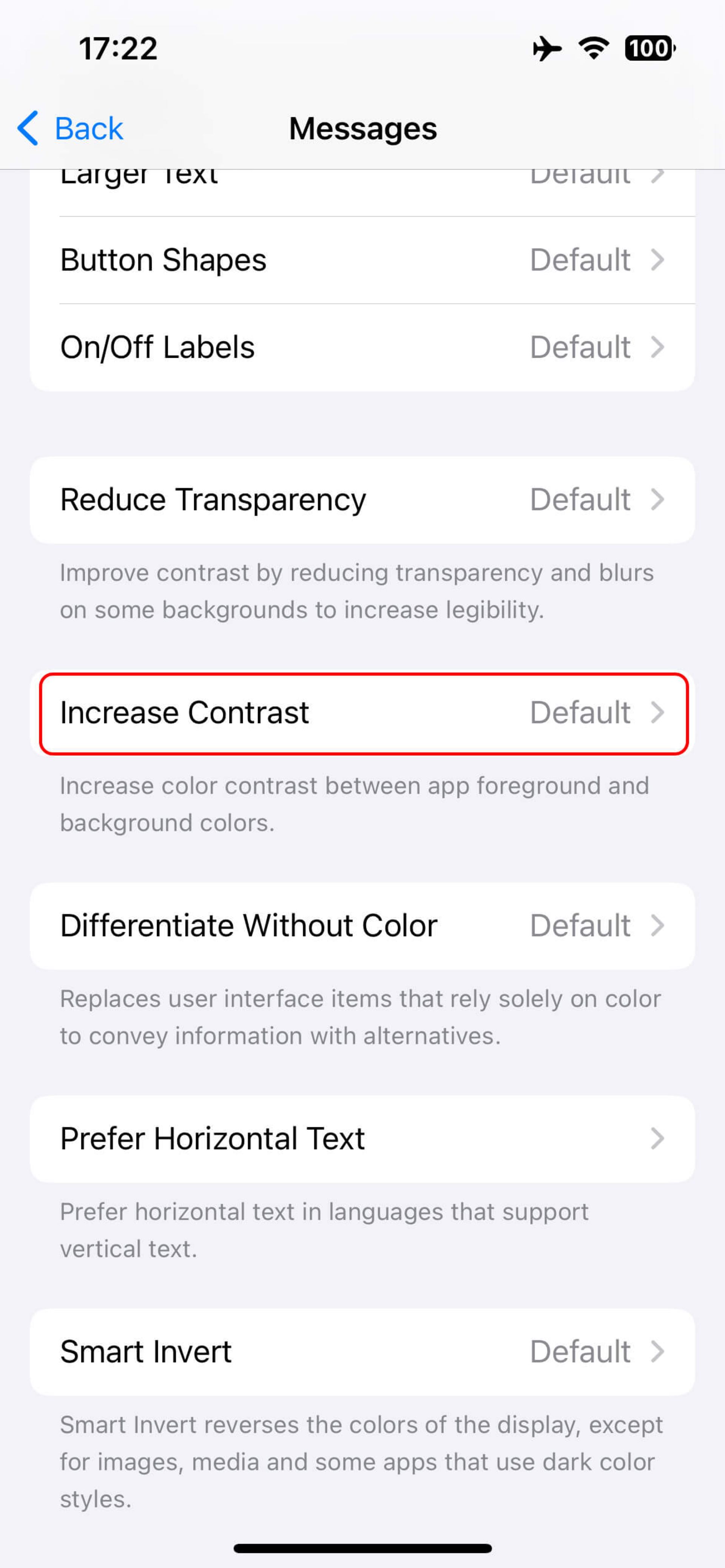 انتخاب Increase Contrast برای شخصی سازی کنتراست حباب متن