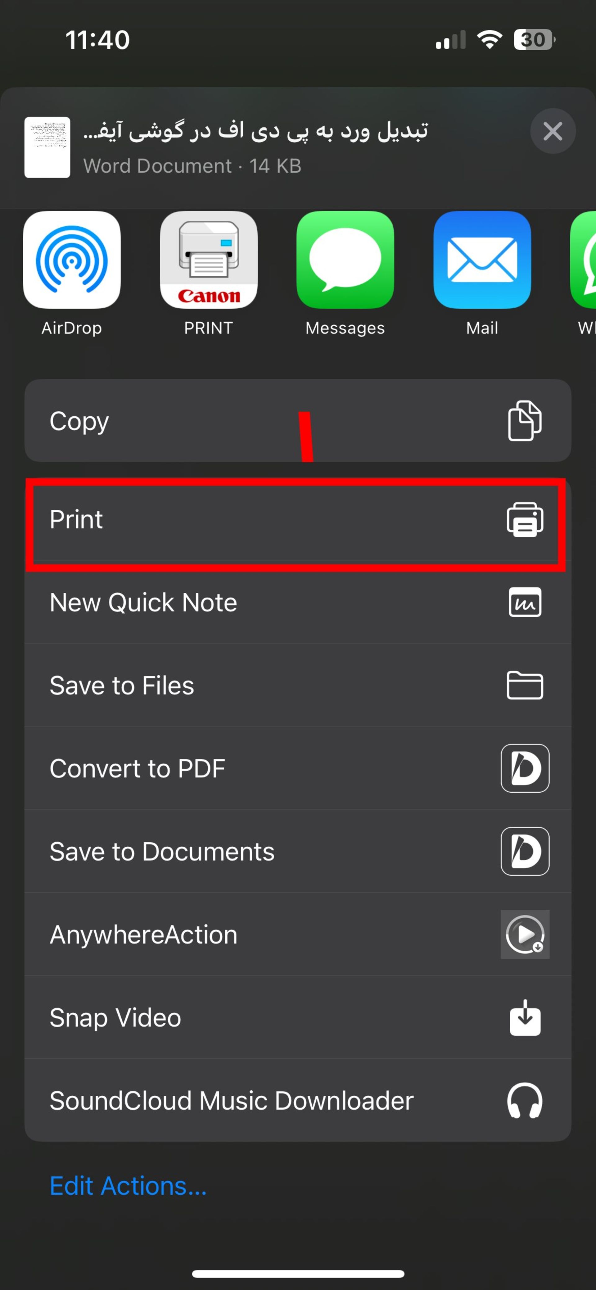 انتخاب گزینه Print هنگام بازکردن فایل ورد در اپلیکیشن Files آیفون