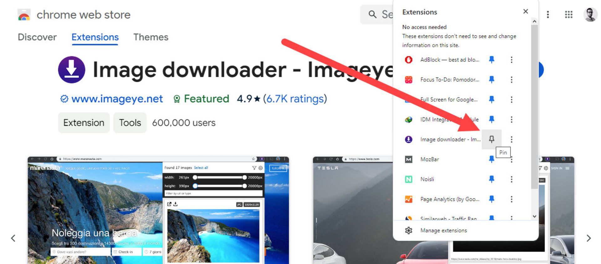 پین افزونه Image Downloader در کروم