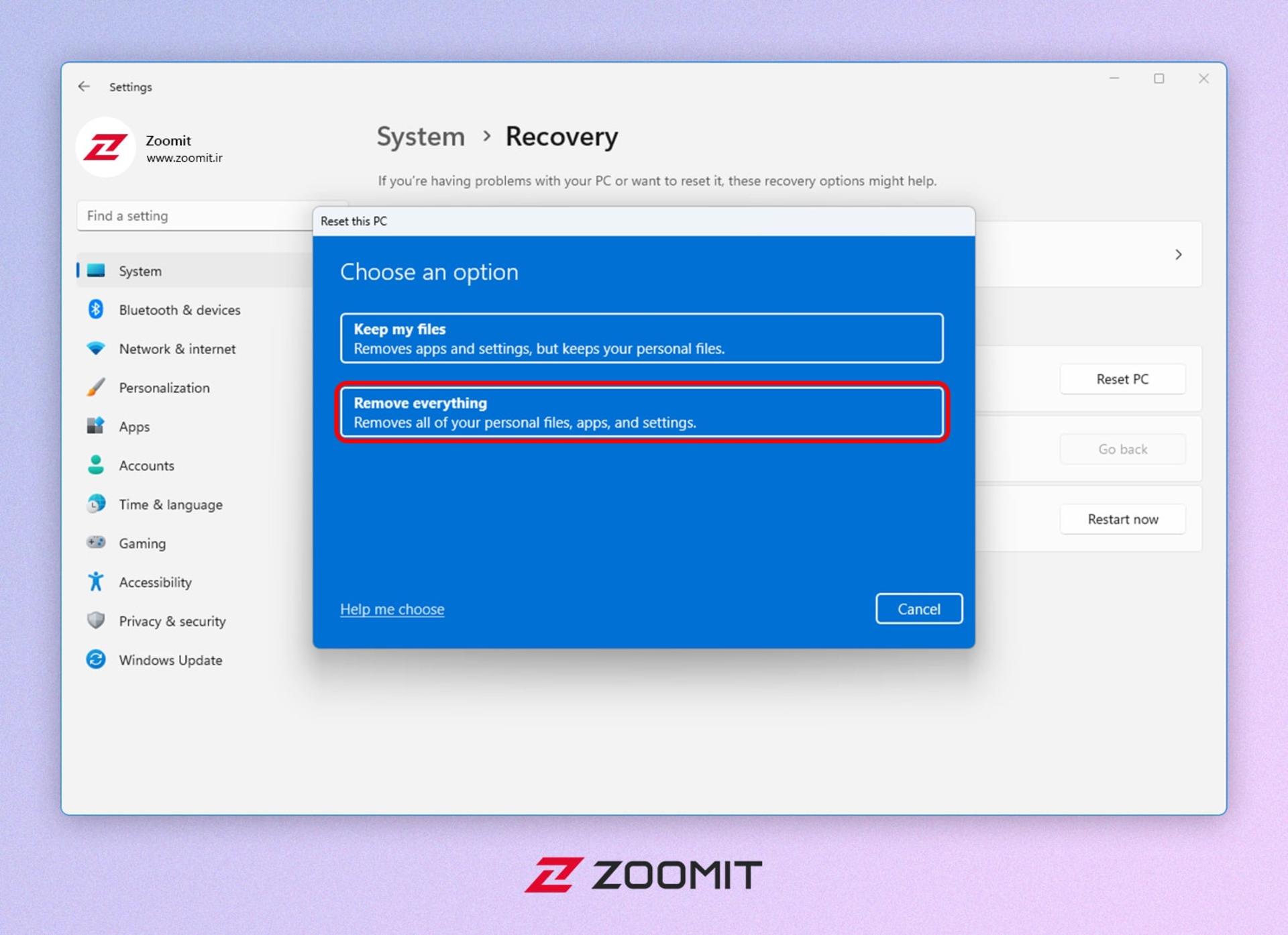 انتخاب گزینه Remove everything در ریست فکتوری ویندوز ۱۱