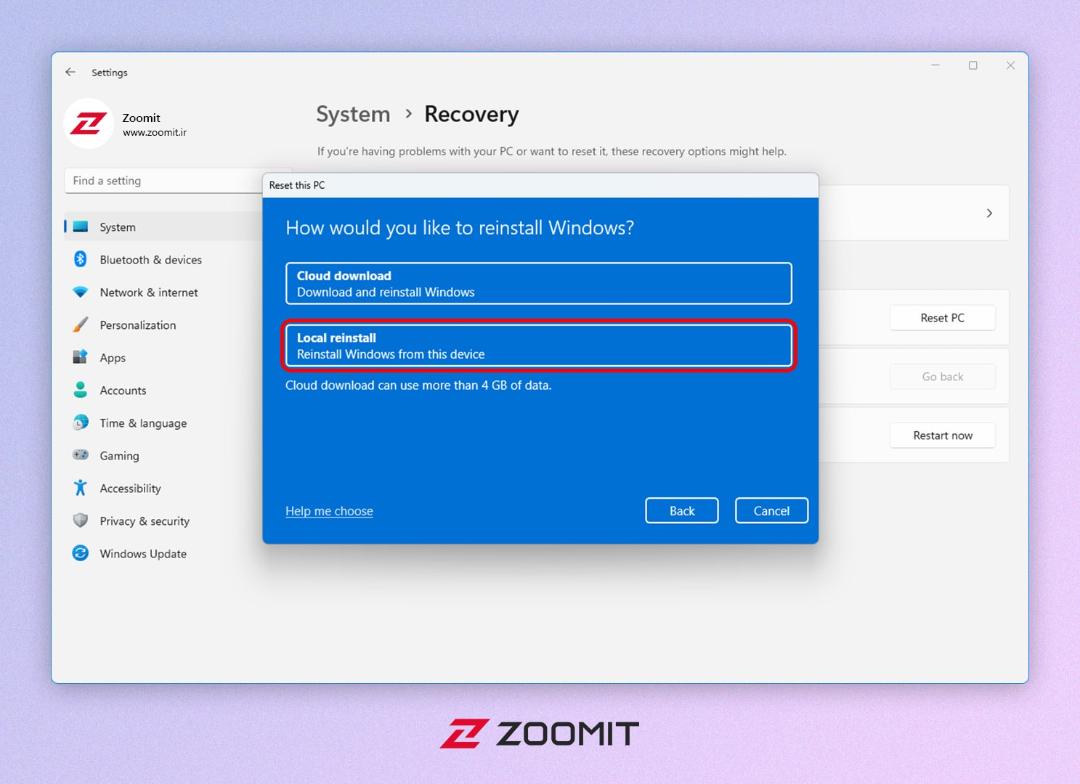 انتخاب گزینه Local reinstall در ریست فکتوری ویندوز ۱۱