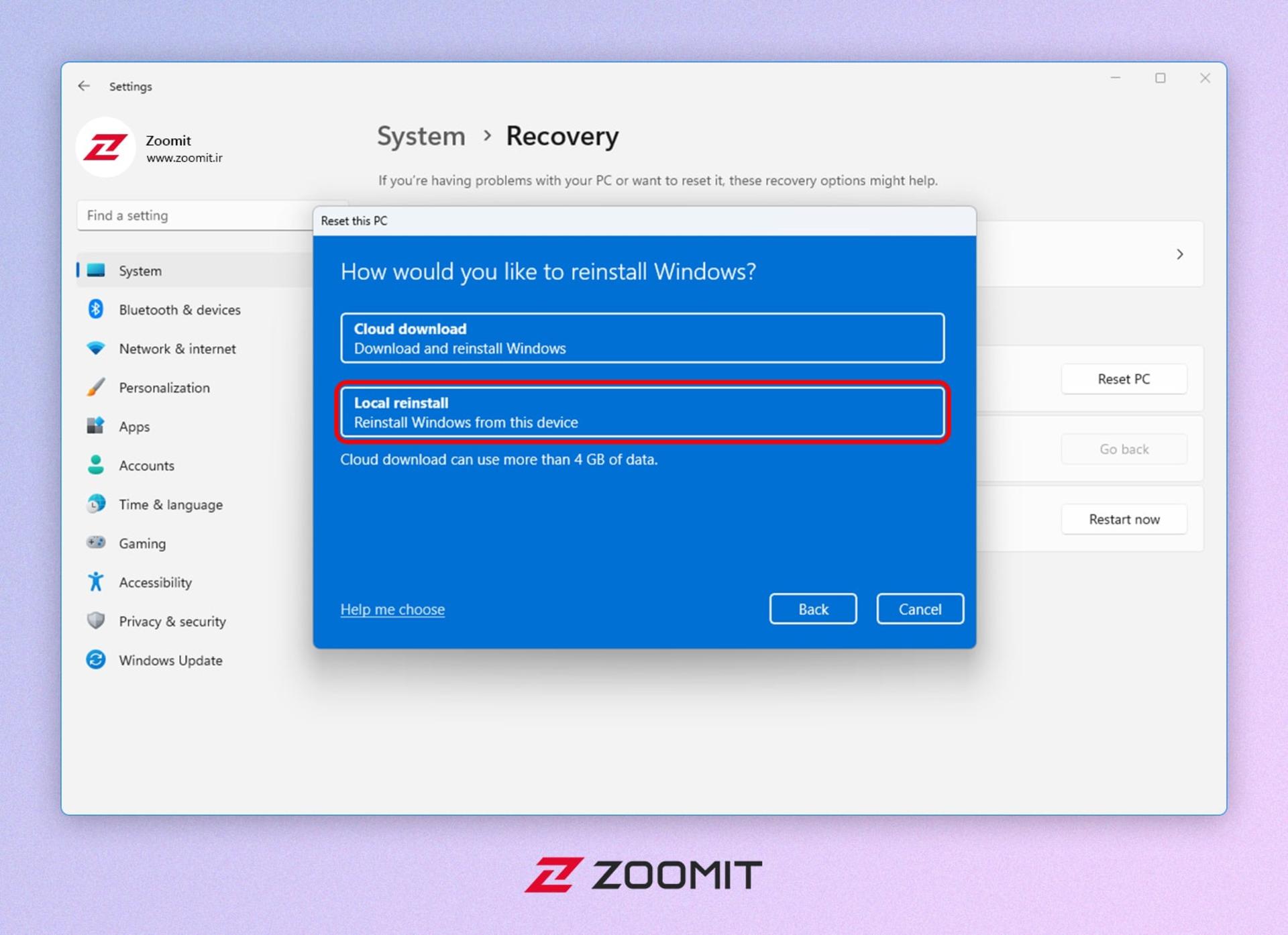انتخاب گزینه Local reinstall در ریست فکتوری ویندوز ۱۱