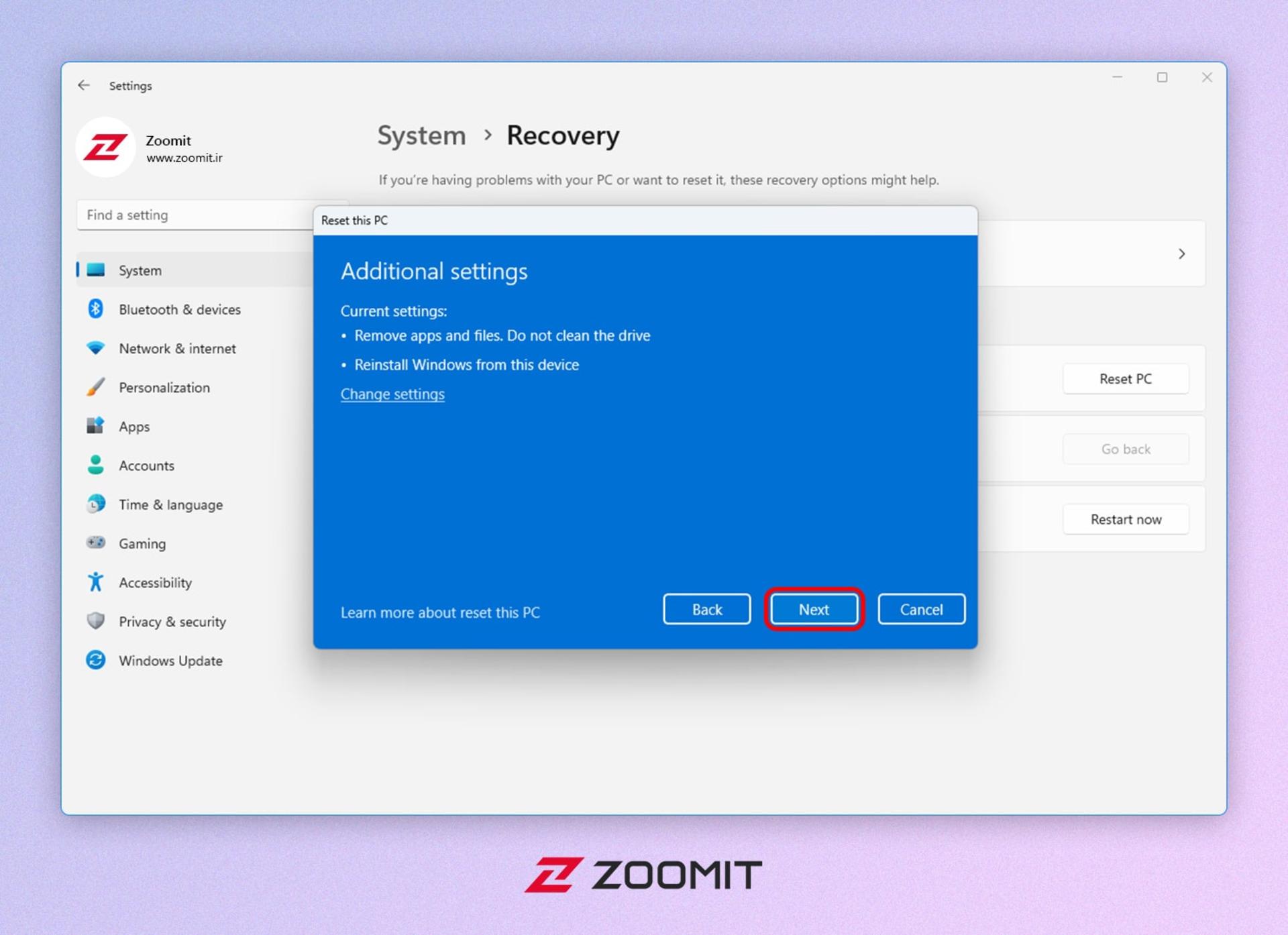 پیش‌نمایش نحوه ریست فکتوری ویندوز ۱۱ درصورت انتخاب گزینه Remove everything