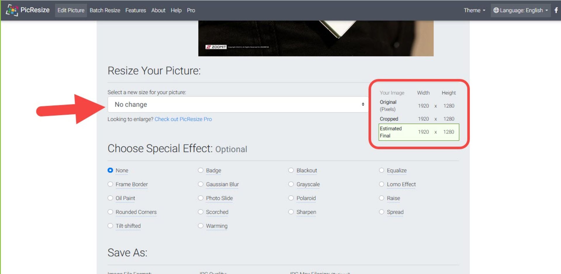 ویرایش عکس در وب سایت picresize