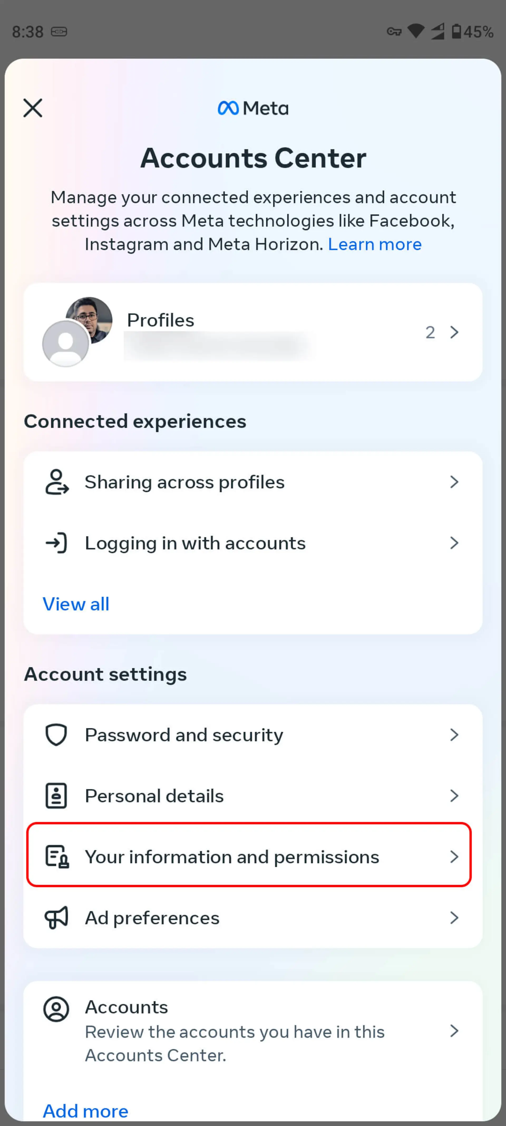 انتخاب Your Information and permissions در اینستاگرام