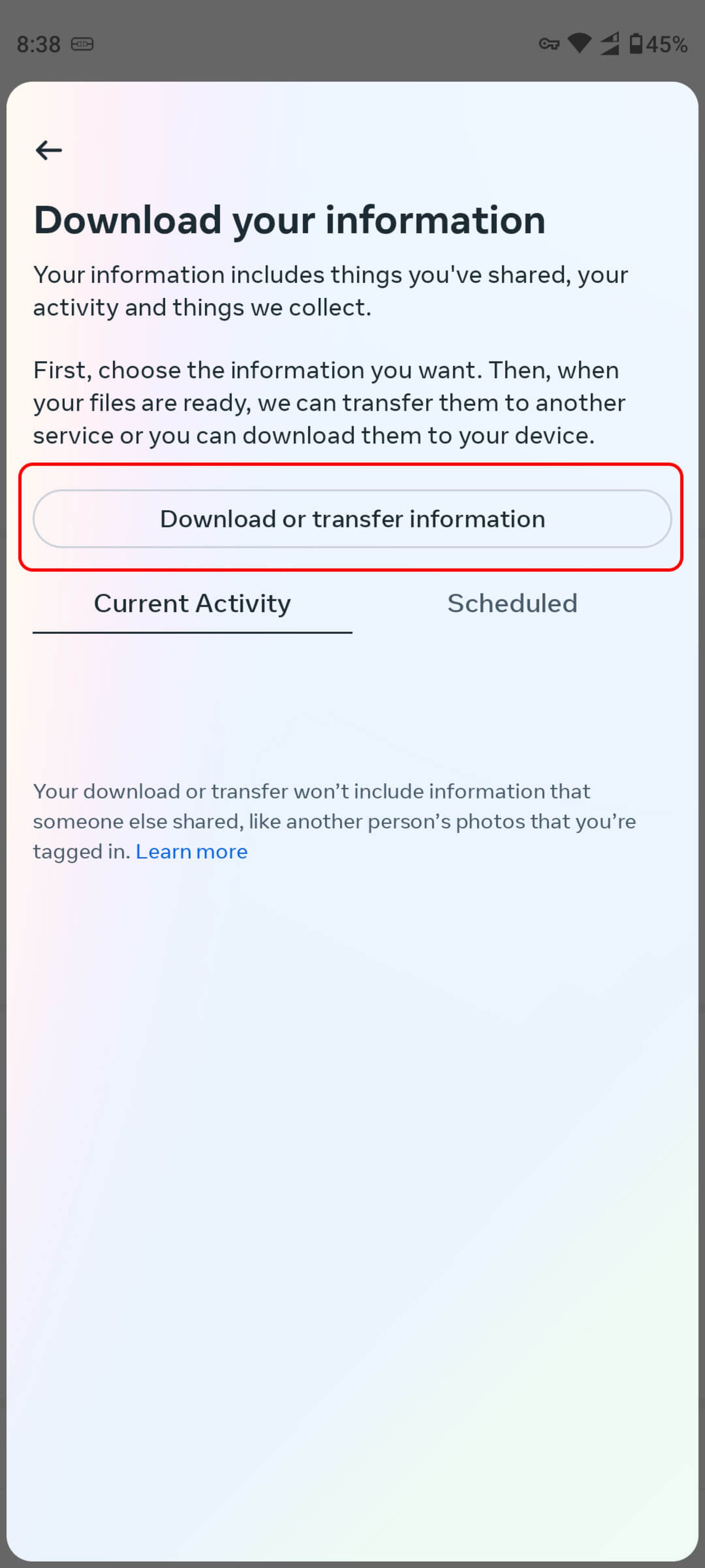 انتخاب گزینه Download or transfer information در تنظیمات اینستاگرام