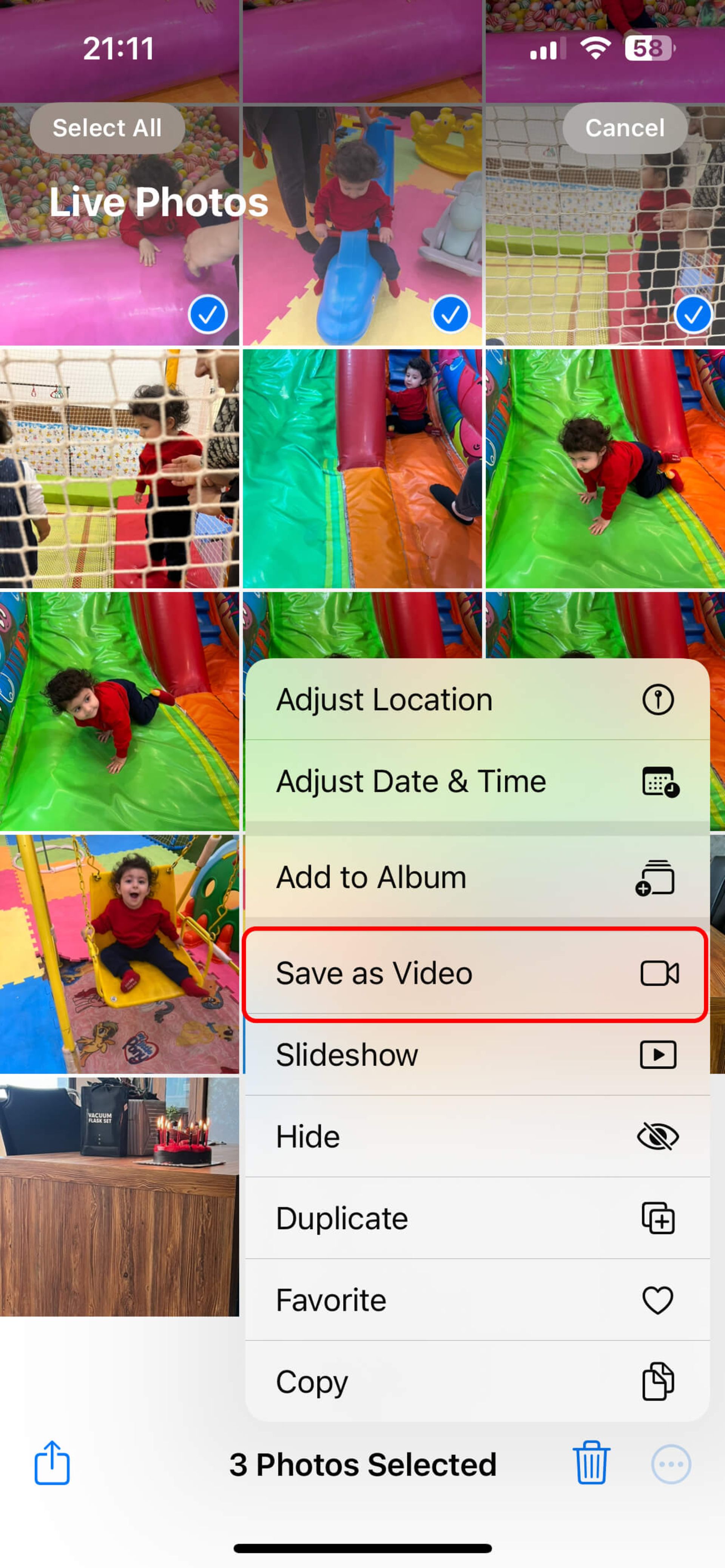 نمایش منوی پاپ آپ و انتخاب Save as Video در اپلیکیشن Photos‌ آیغون
