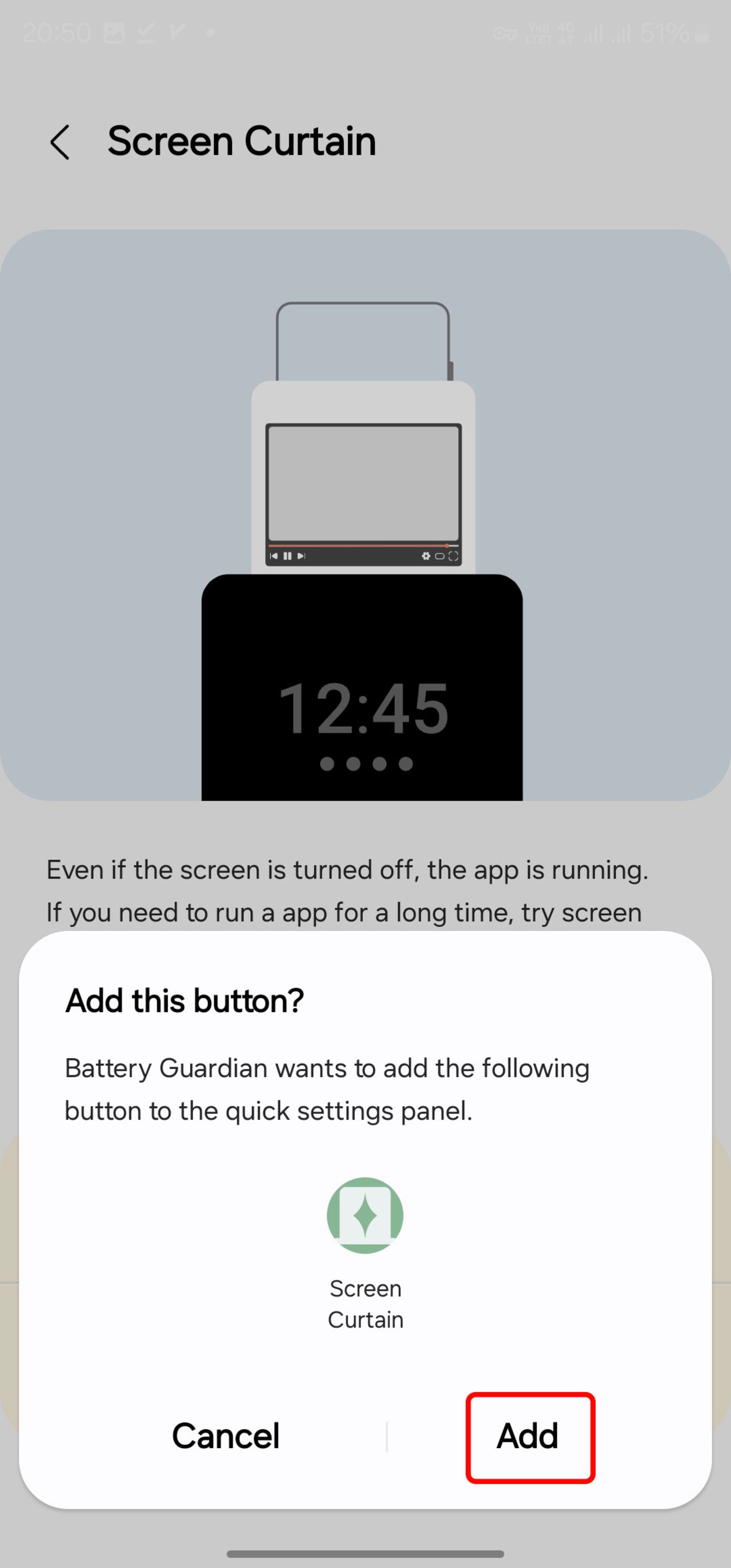 انتخاب Add برای اضافه شدن screen curtain پنل تنظیمات سریع (Quick panel)
