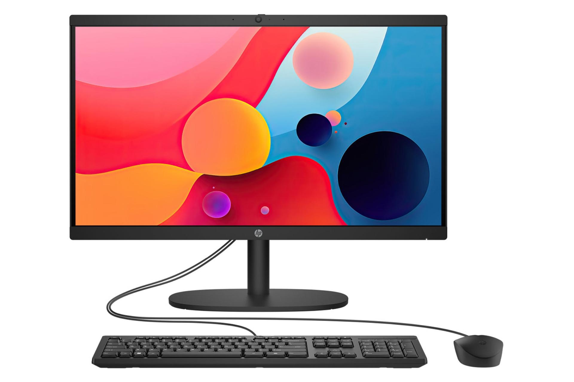 نمای پنل جلوی کامپیوتر همه کاره 22-dg0013nh اچ پی با نمایشگر روشن و نمایش ماوس و کیبورد