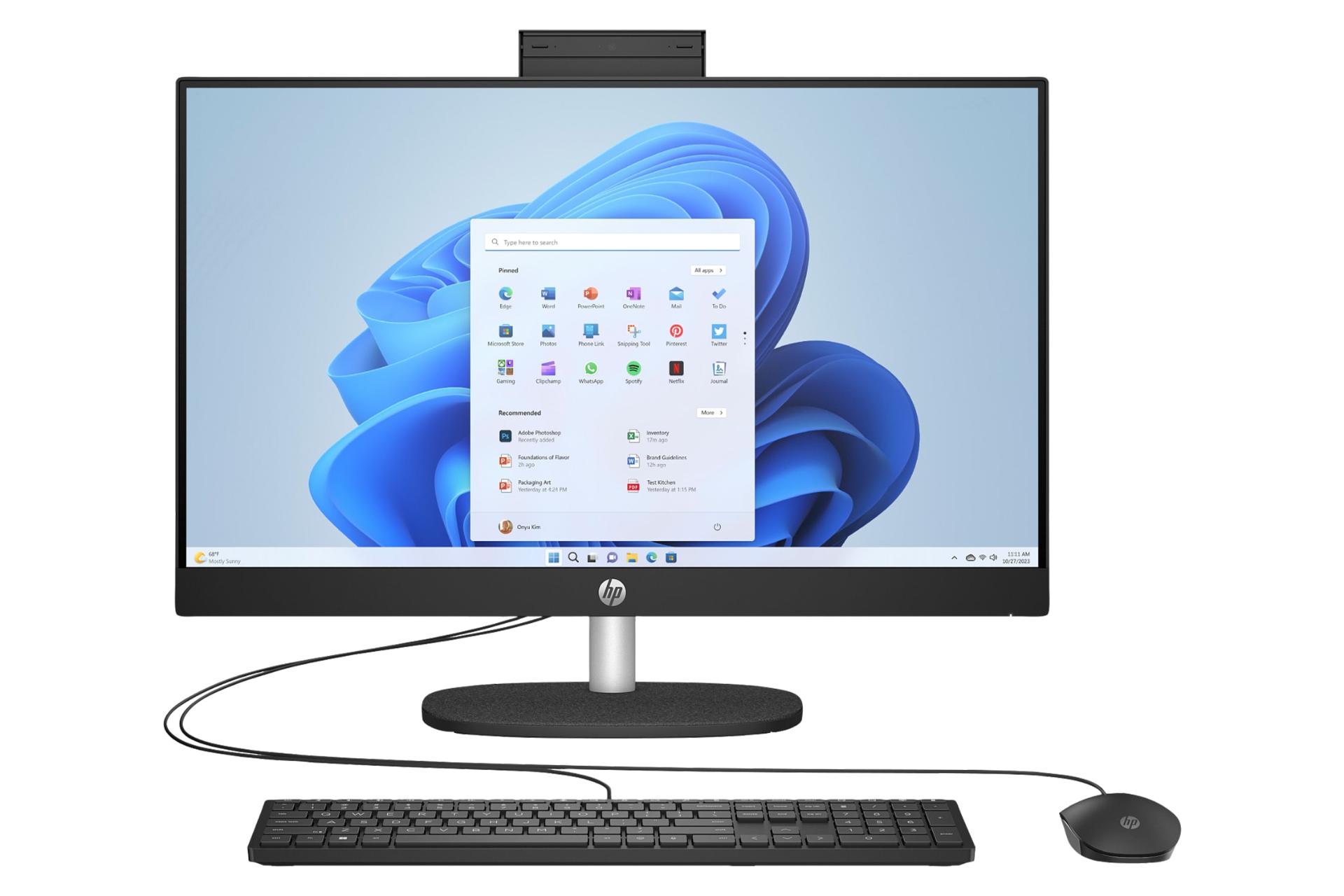 نمای پنل جلوی کامپیوتر همه کاره 24-cr0126nh اچ پی با نمایشگر روشن و نمایش لوگو، وبکم، ماوس و کیبورد