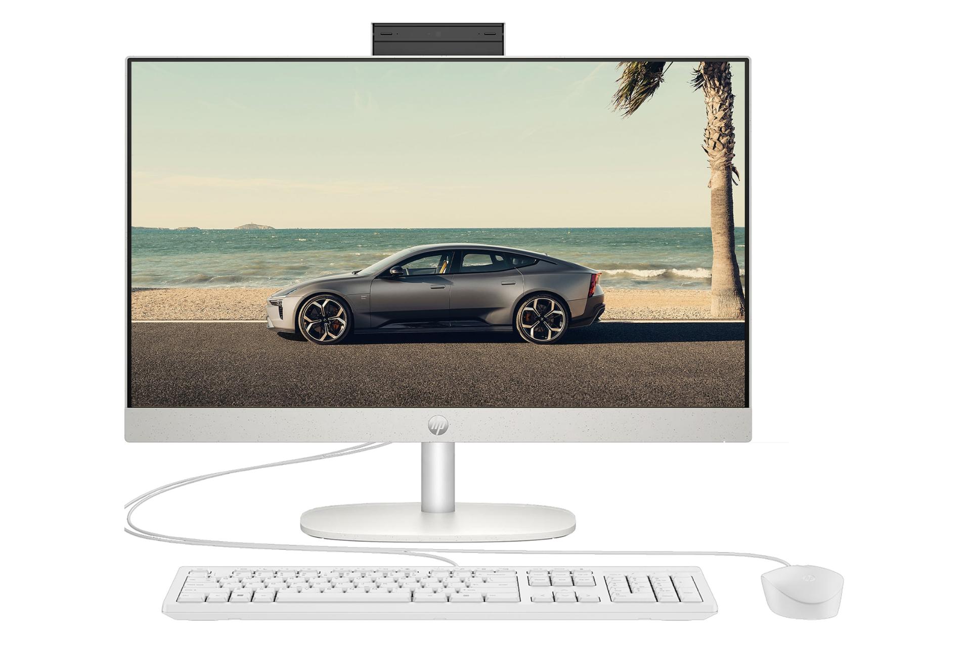 نمای پنل جلوی کامپیوتر همه کاره 24-cr0323nh اچ پی با نمایشگر روشن و نمایش وبکم، لوگو، کیبورد و ماوس