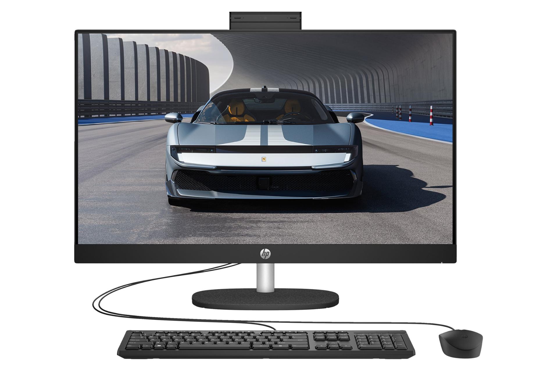 نمای پنل جلوی کامپیوتر همه کاره 24-cr0324nh اچ پی با نمایشگر روشن و نمایش لوگو، ماوس و کیبورد