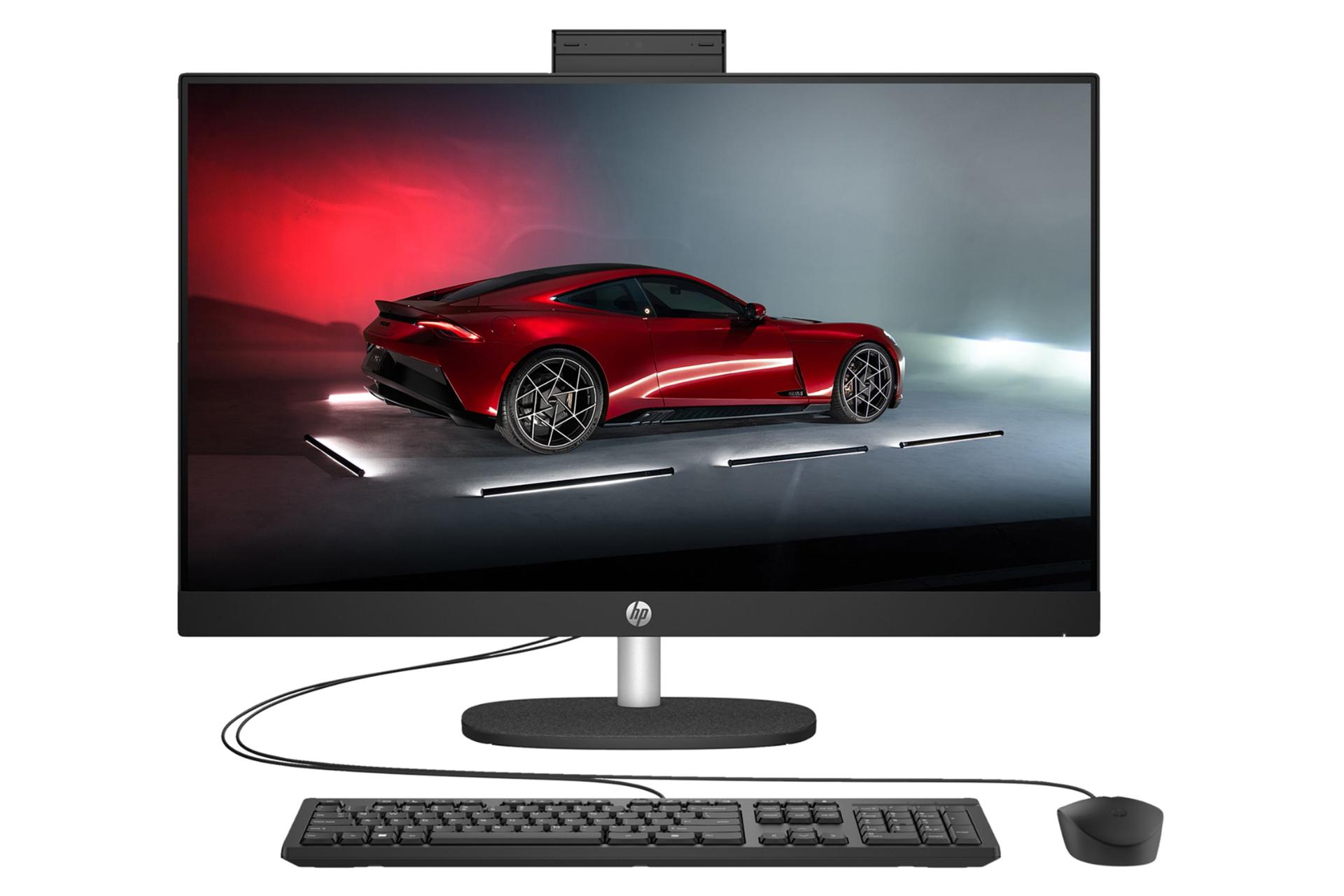 نمای پنل جلوی کامپیوتر همه کاره 27-cr0170nh اچ پی با نمایشگر روشن و نمایش لوگو، وبکم، ماوس و کیبورد