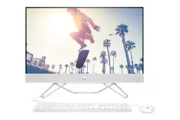 نمای روبه‌روی All in One cb1010nh اچ پی با نمایشگر روشن و نمایش ماوس، کیبورد و حفره های محل قرارگیری اسپیکر