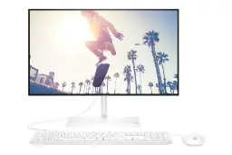 نمای روبه‌روی All in One cb1038nh اچ پی با نمایشگر روشن و نمایش ماوس و کیبورد