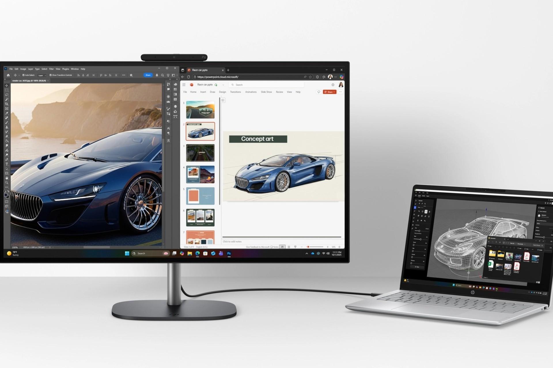 کامپیوتر همه‌کاره اچ‌پی Omnistudio X-27 نمای جلو کنار لپ‌تاپ