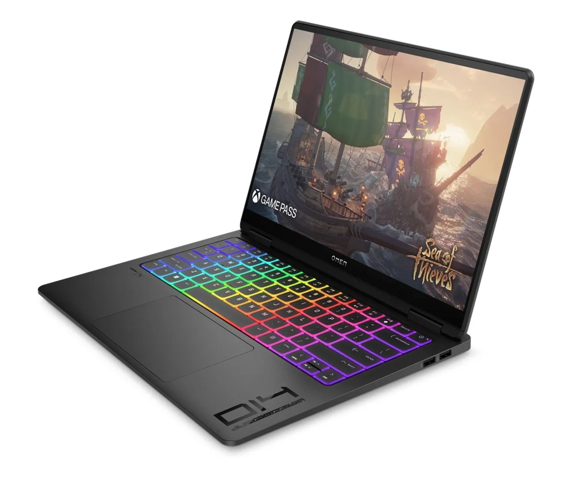 لپ‌تاپ HP Omen Transcend 14 به رنگ مشکی از نمای بالا و جانبی