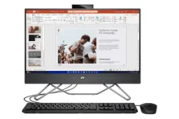 نمای رو به روی Pro 240 G9 اچ پی با نمایشگر روشن و نمایش لوگو، ماوس و کیبورد رنگ مشکی
