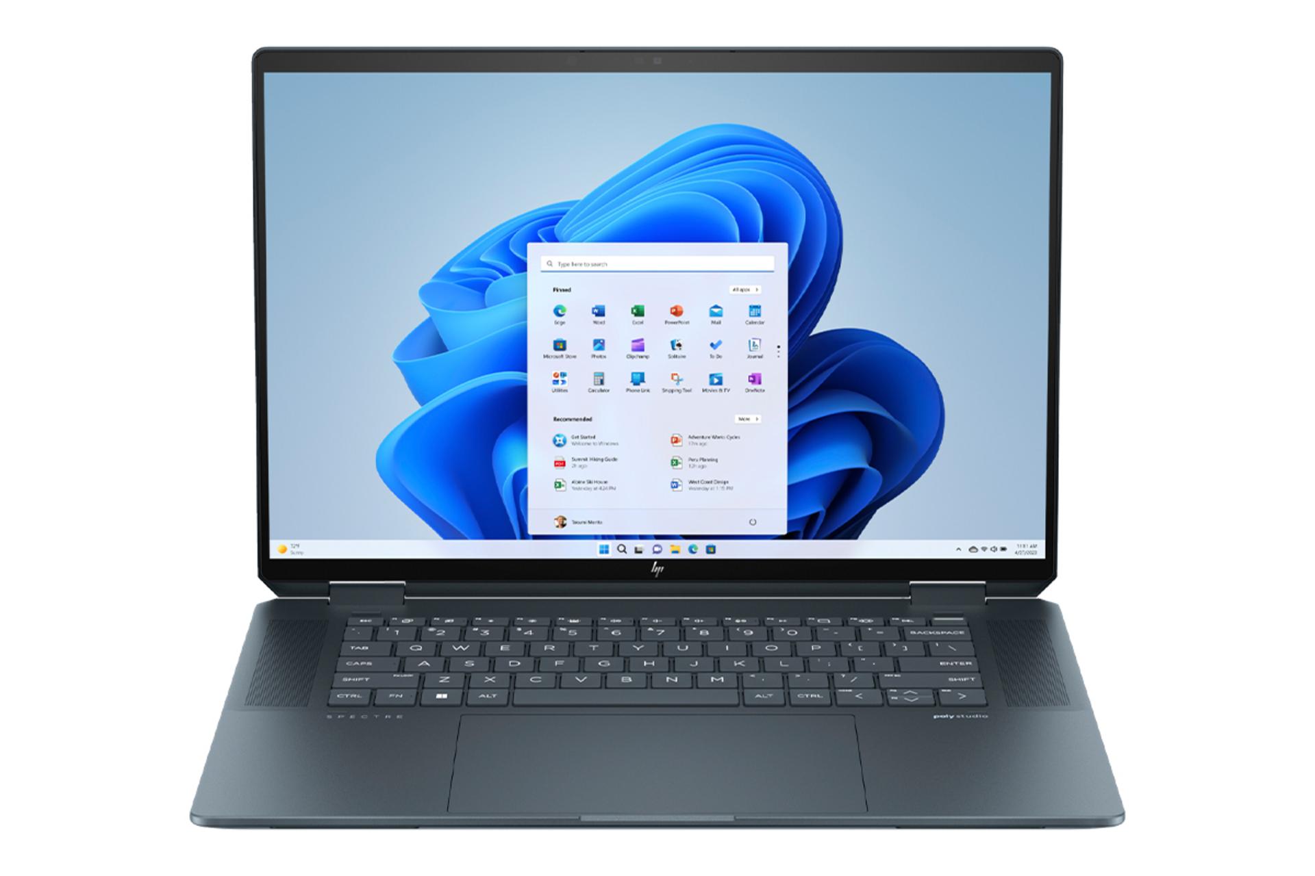 نمای روبه‌روی لپ تاپ اسپکتر x360 16-aa0047nr اچ پی با نمایشگر روشن و نمایش کیبورد و ترک‌پد