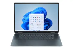 نمای روبه‌روی لپ تاپ اسپکتر x360 16-aa0047nr اچ پی با نمایشگر روشن و نمایش کیبورد و ترک‌پد