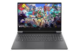 نمای رو به روی لپ تاپ Victus 16t-r100 اچ پی با نمایشگر روشن و نمایش لوگو و لبه جلو رنگ خاکستری