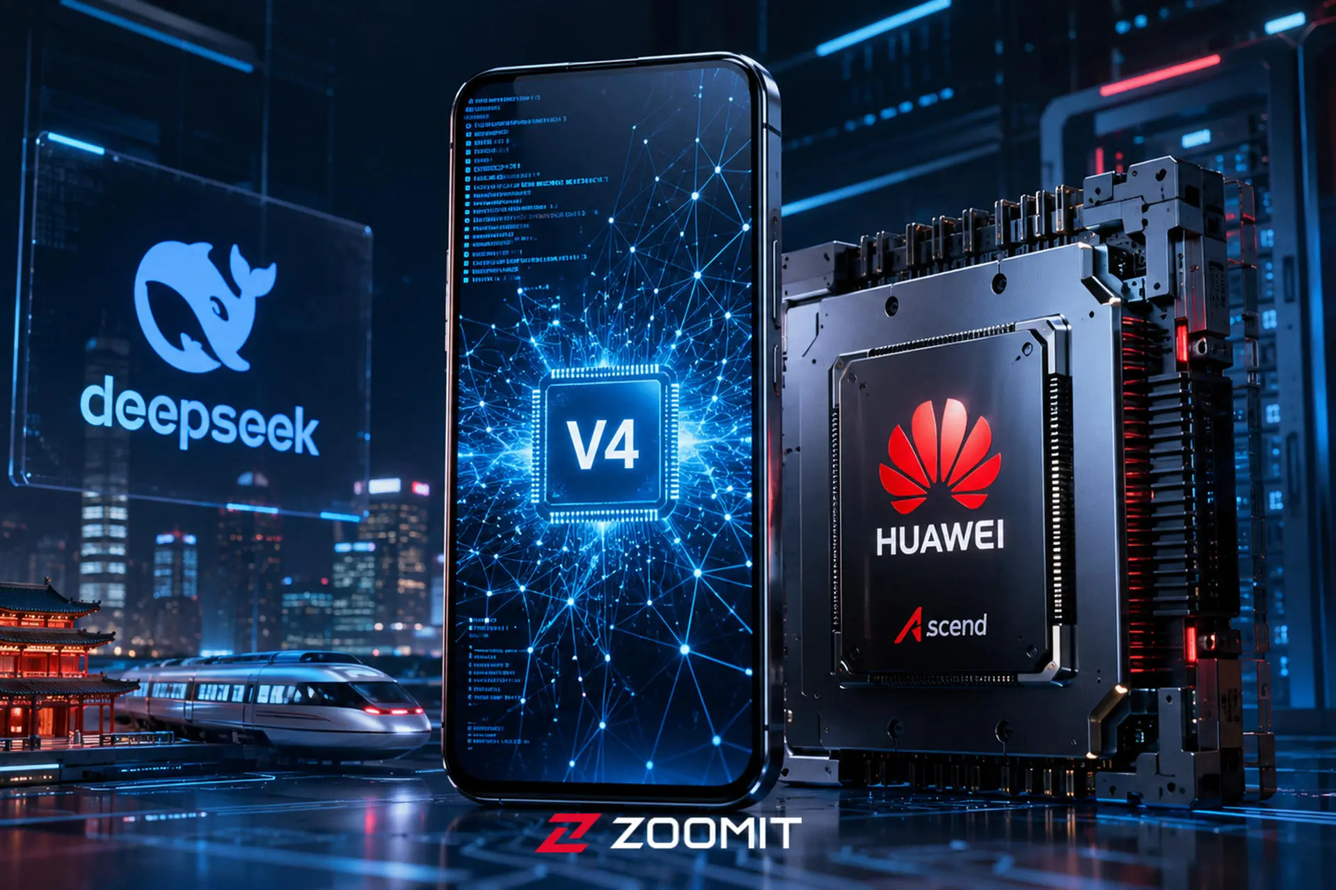 نمای گرافیکی از تراشه هوش مصنوعی هواوی مدل Ascend V4 در کنار گوشی هوشمند و لوگوی DeepSeek در یک محیط دیجیتال آینده‌نگرانه.
