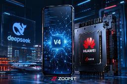 نمای گرافیکی از تراشه هوش مصنوعی هواوی مدل Ascend V4 در کنار گوشی هوشمند و لوگوی DeepSeek در یک محیط دیجیتال آینده‌نگرانه.