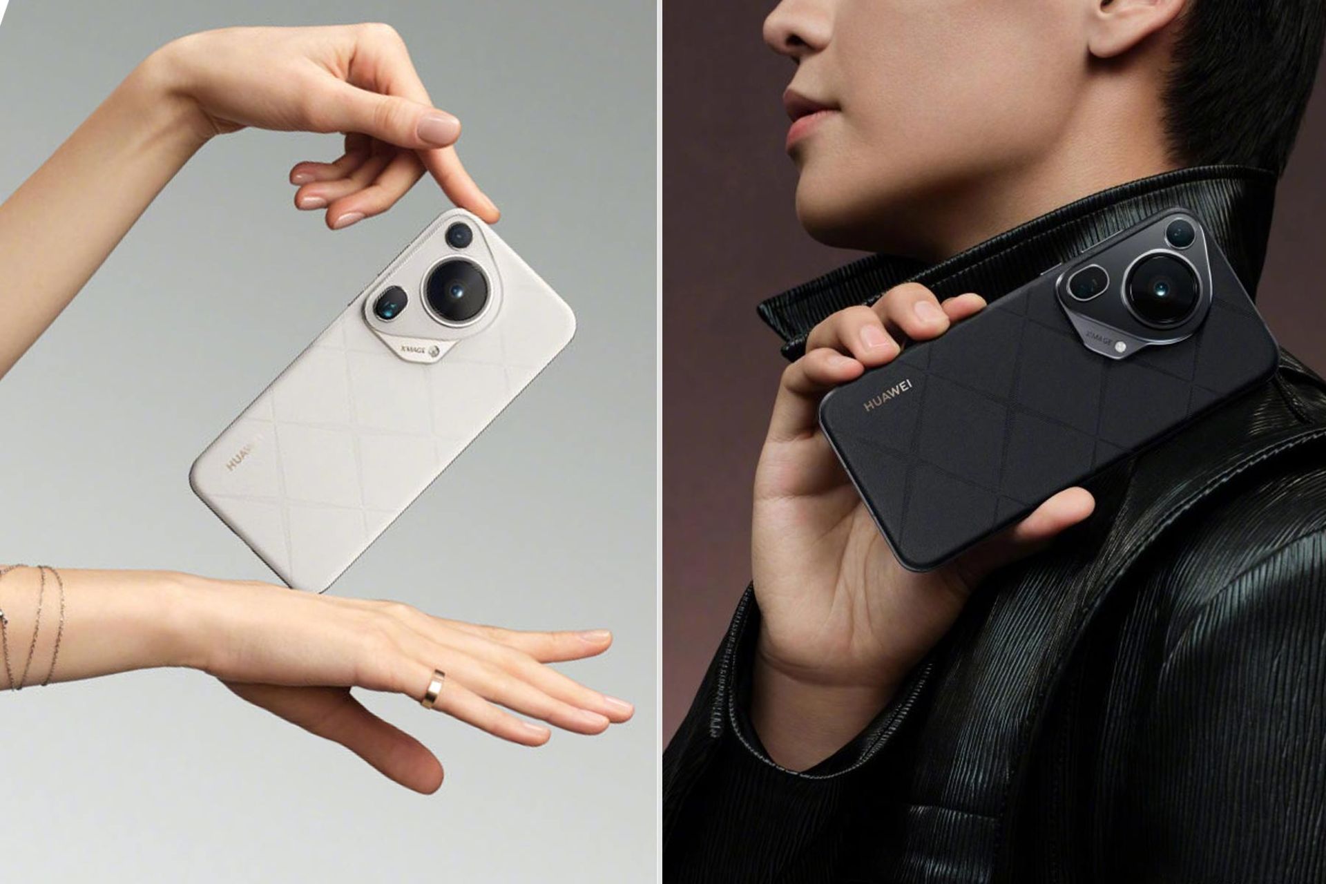 گوشی پیورا ۷۰ اولترا هواوی مشکی و سفید در دست زن و مرد جوان