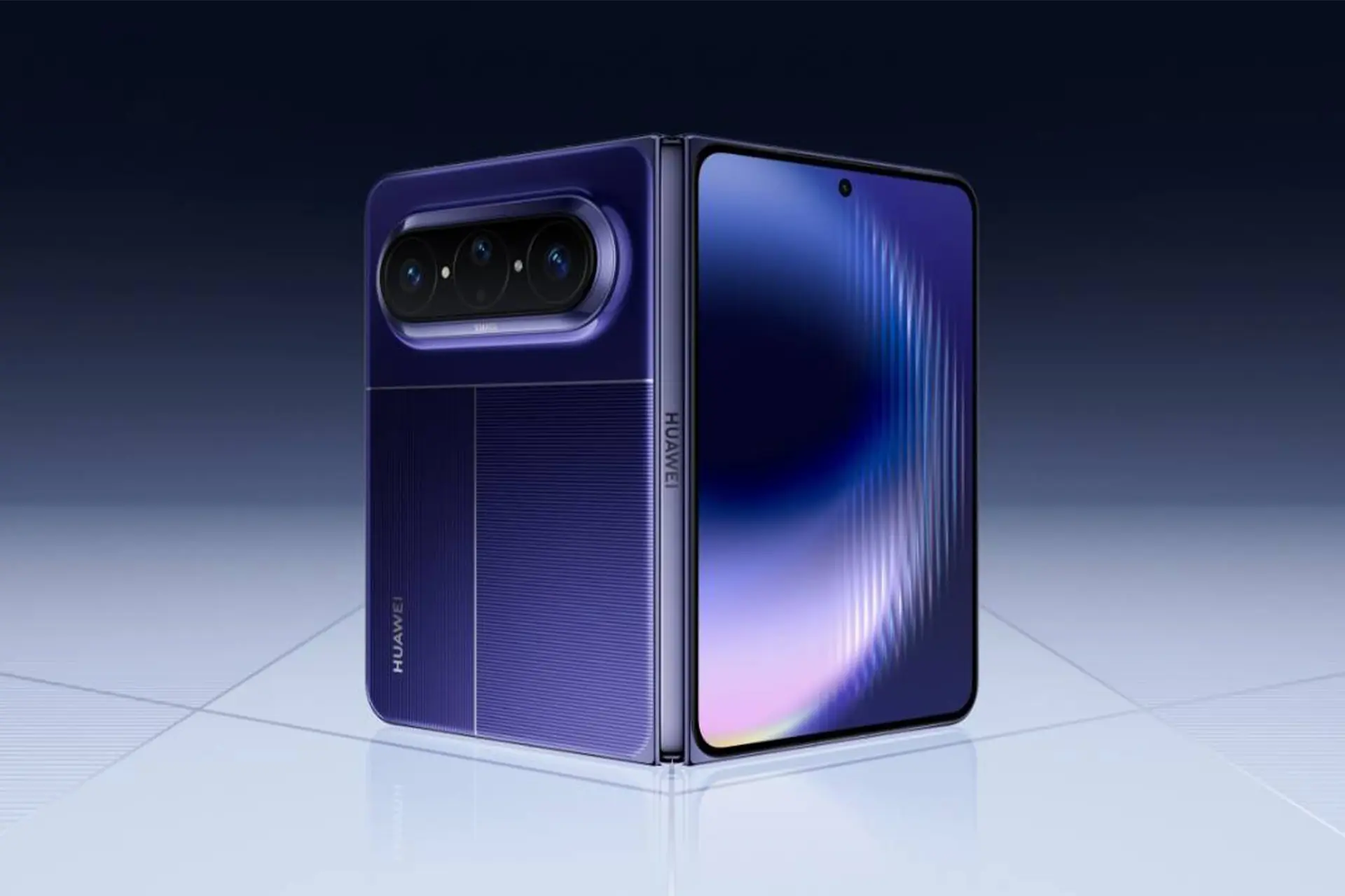 نمای پشت و جلو گوشی هواوی پیورا ایکس مکس رنگ بنفش در محیط تاریک