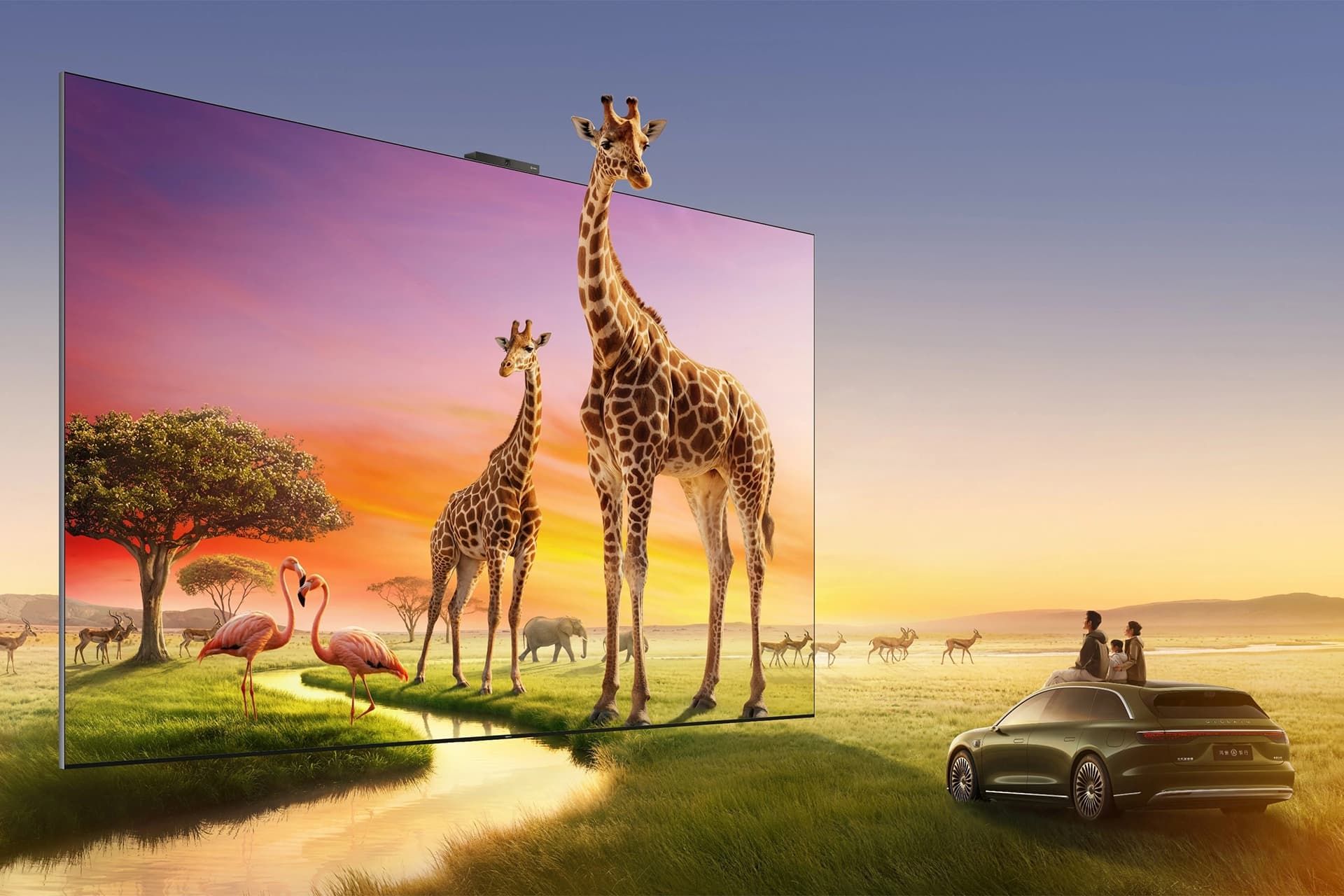 یک زرافه داخل تلویزیون در طبیعت