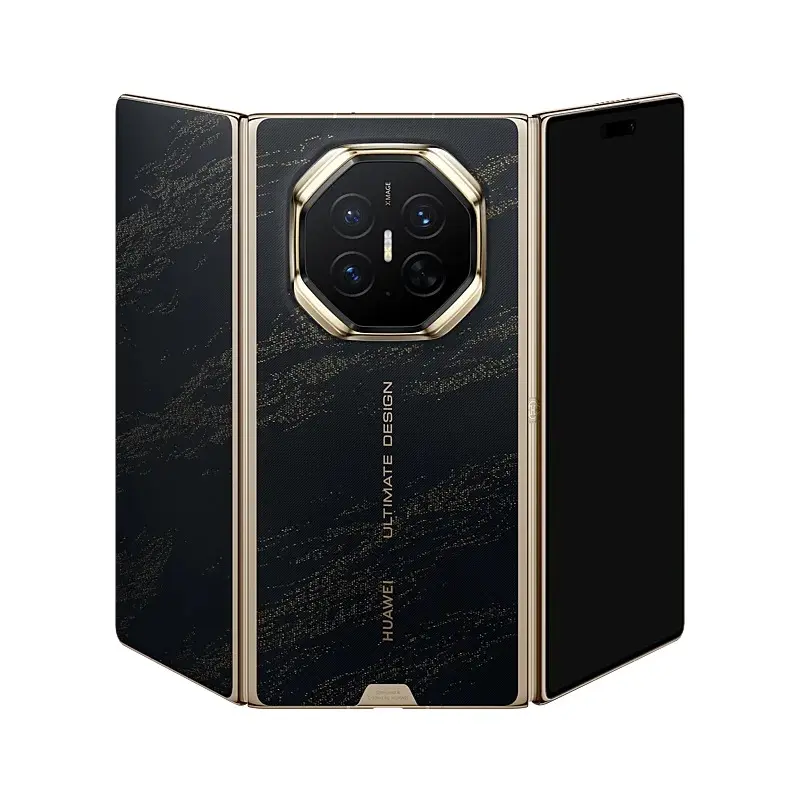 گوشی تاشو سه‌تکه هواوی (Huawei) با بدنه مشکی و طلایی