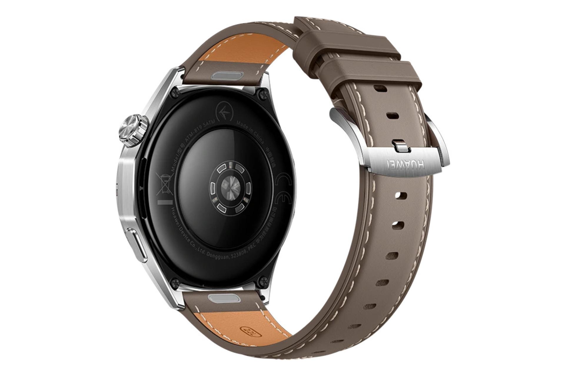 پشت ساعت هوشمند هواوی واچ GT 6 نسخه 46 میلی‌متری نقره ای با بند قهوه ای / Huawei Watch GT 6 46mm