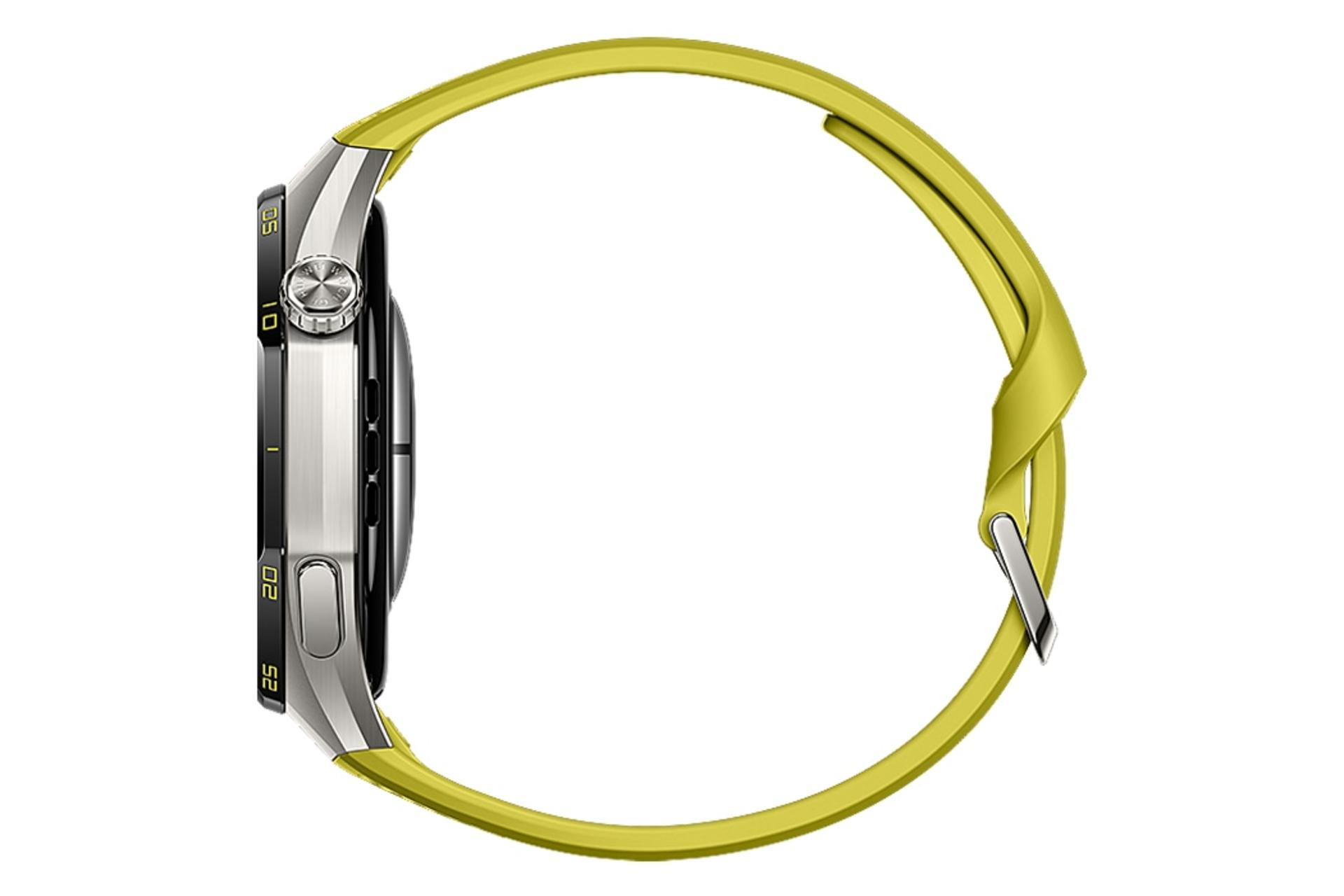 ساعت هوشمند هواوی واچ Huawei Watch GT 7 Pro نقره ای با بند زرد از نمای کناری