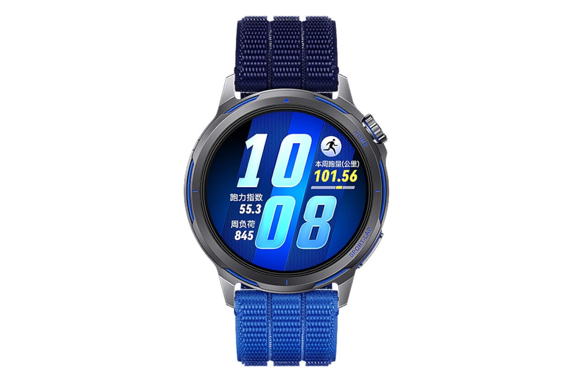 ساعت هوشمند هواوی واچ GT Runner 2 مشکی با بند آبی از نمای روبرو / Huawei Watch GT Runner 2