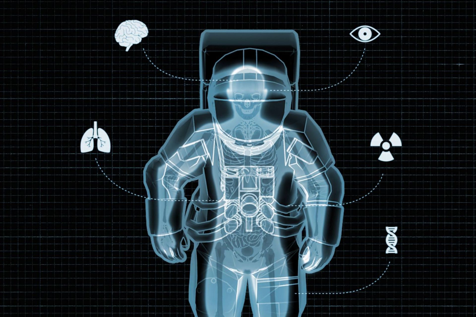 تصویر پرتو ایکس از بدن انسان در لباس فضانوردی