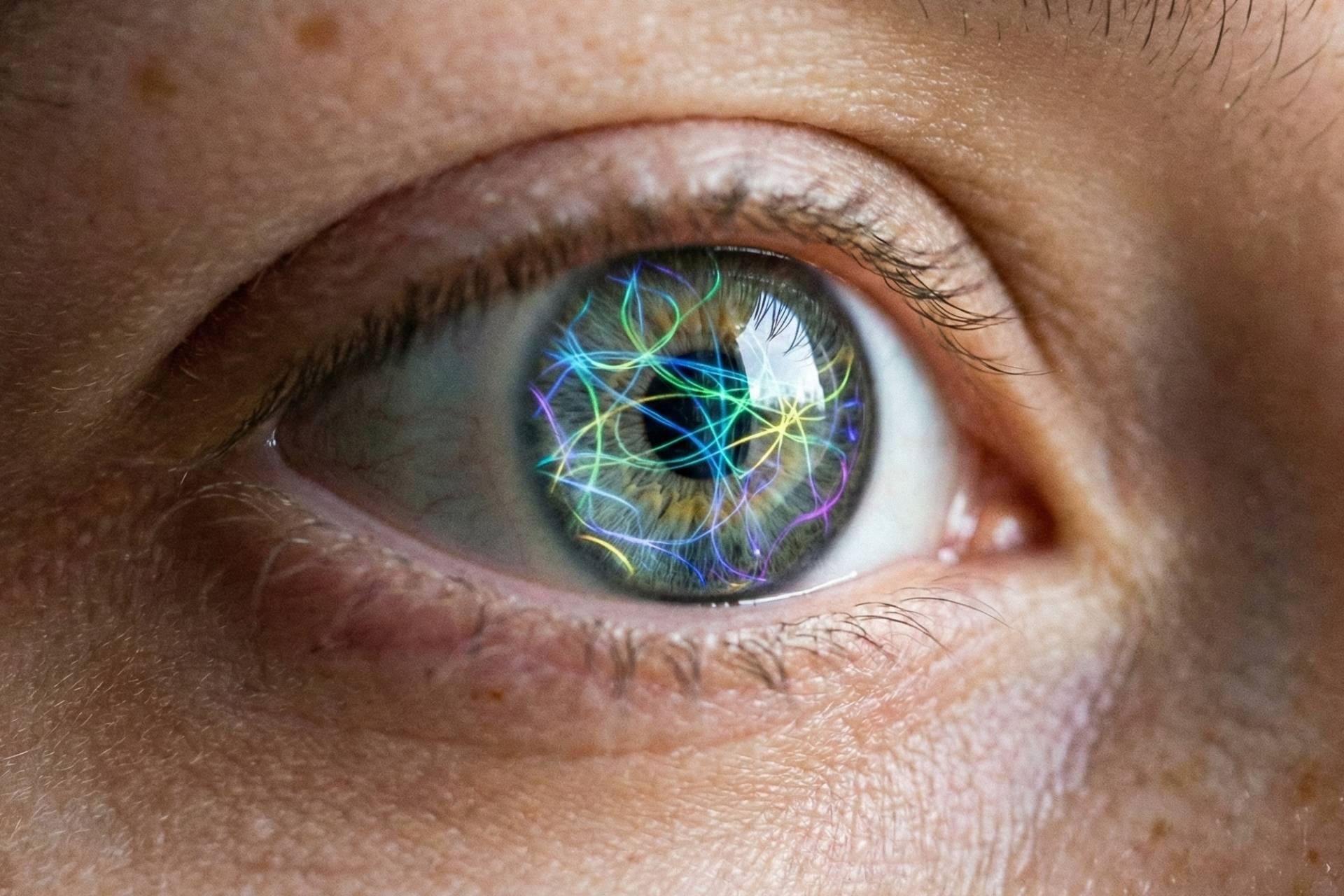 تصویرسازی چشم انسان که شبکه عصبی پیچیده و رنگارنگی را منعکس می‌کند.