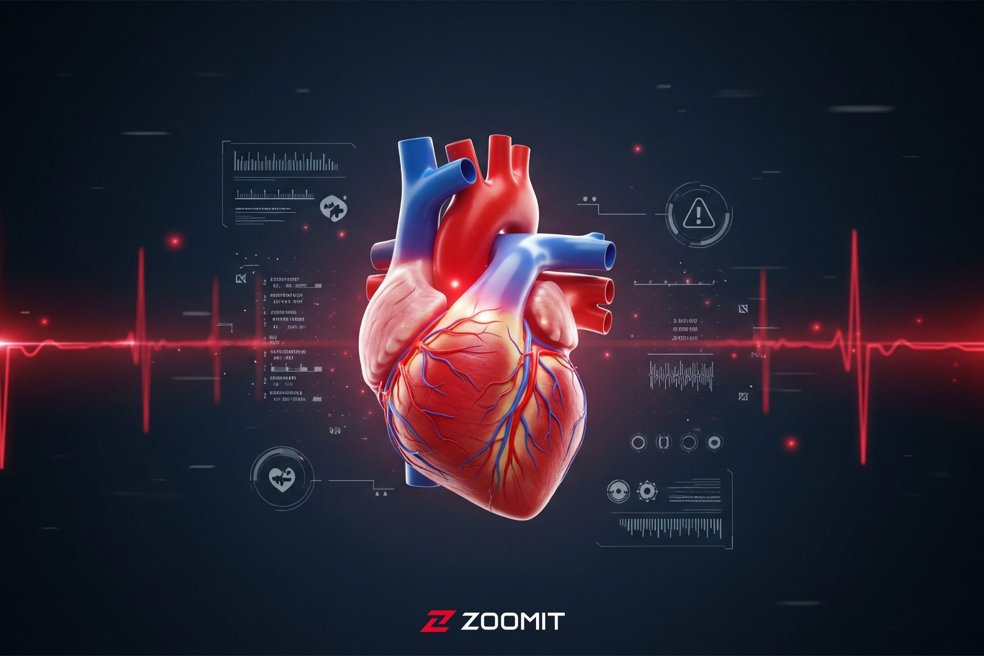 تصویرسازی قلب انسان، معلق در یک فضای علمی-پزشکی دراماتیک با رنگ‌های قرمز و آبی درخشان هشداردهنده در زمینه تیره.