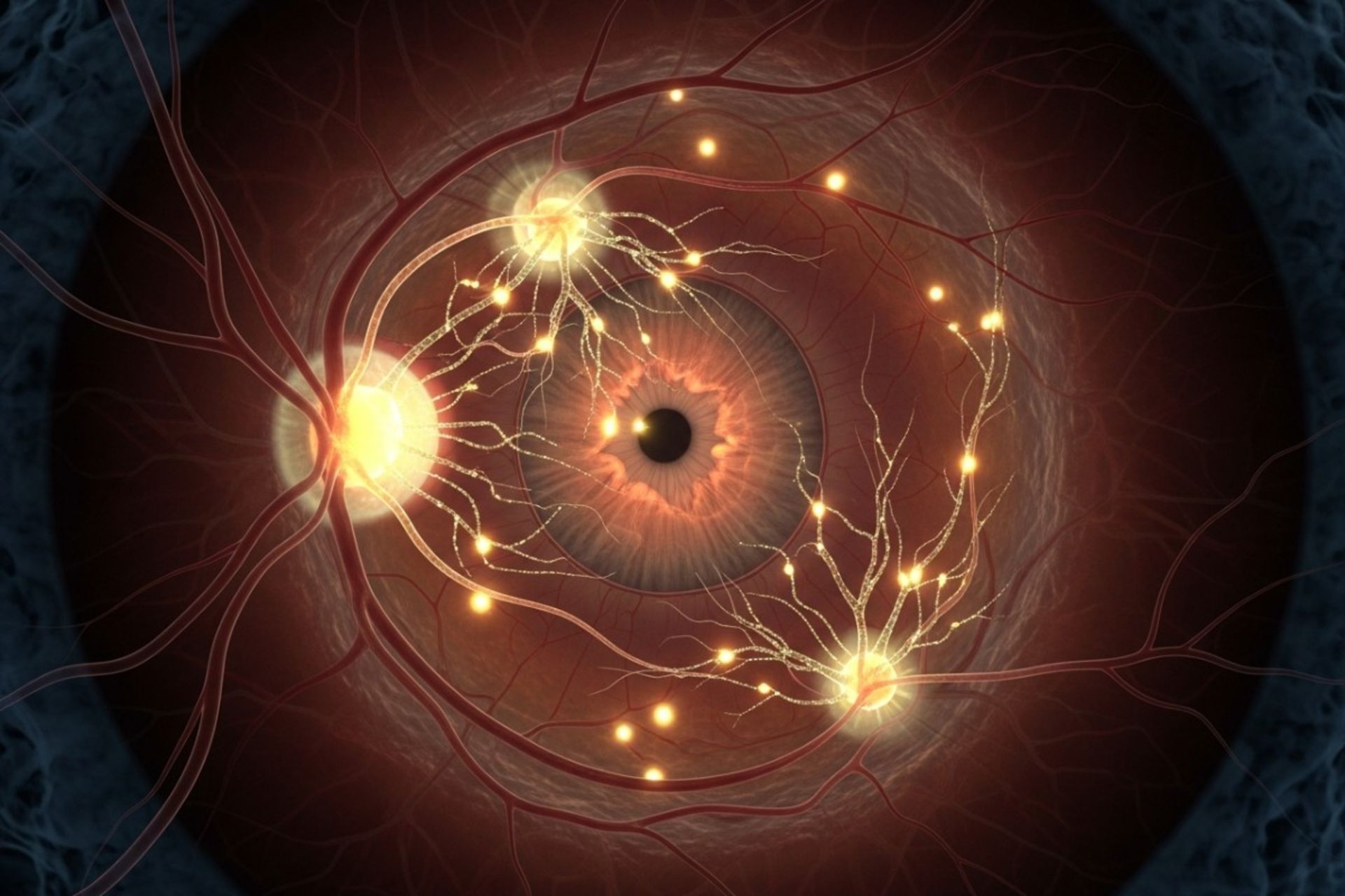 نمای نزدیک هنری از شبکیه چشم انسان، سلول‌های عصبی آسیب‌دیده و درخشان در حال بازسازی و جوان‌سازی هستند.