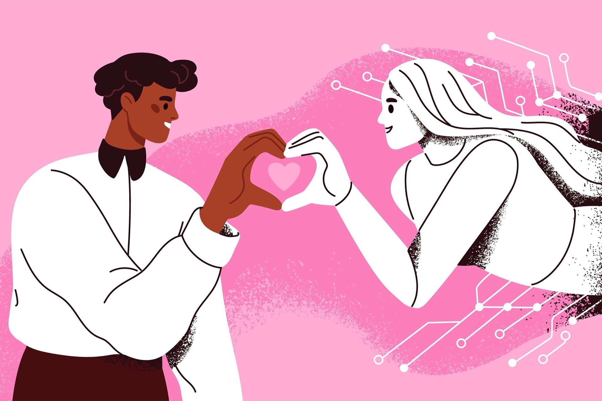 تصویرسازی از انسان و هوش مصنوعی انسان‌نما که نشانه قلب را با دستشان نشان می‌دهند