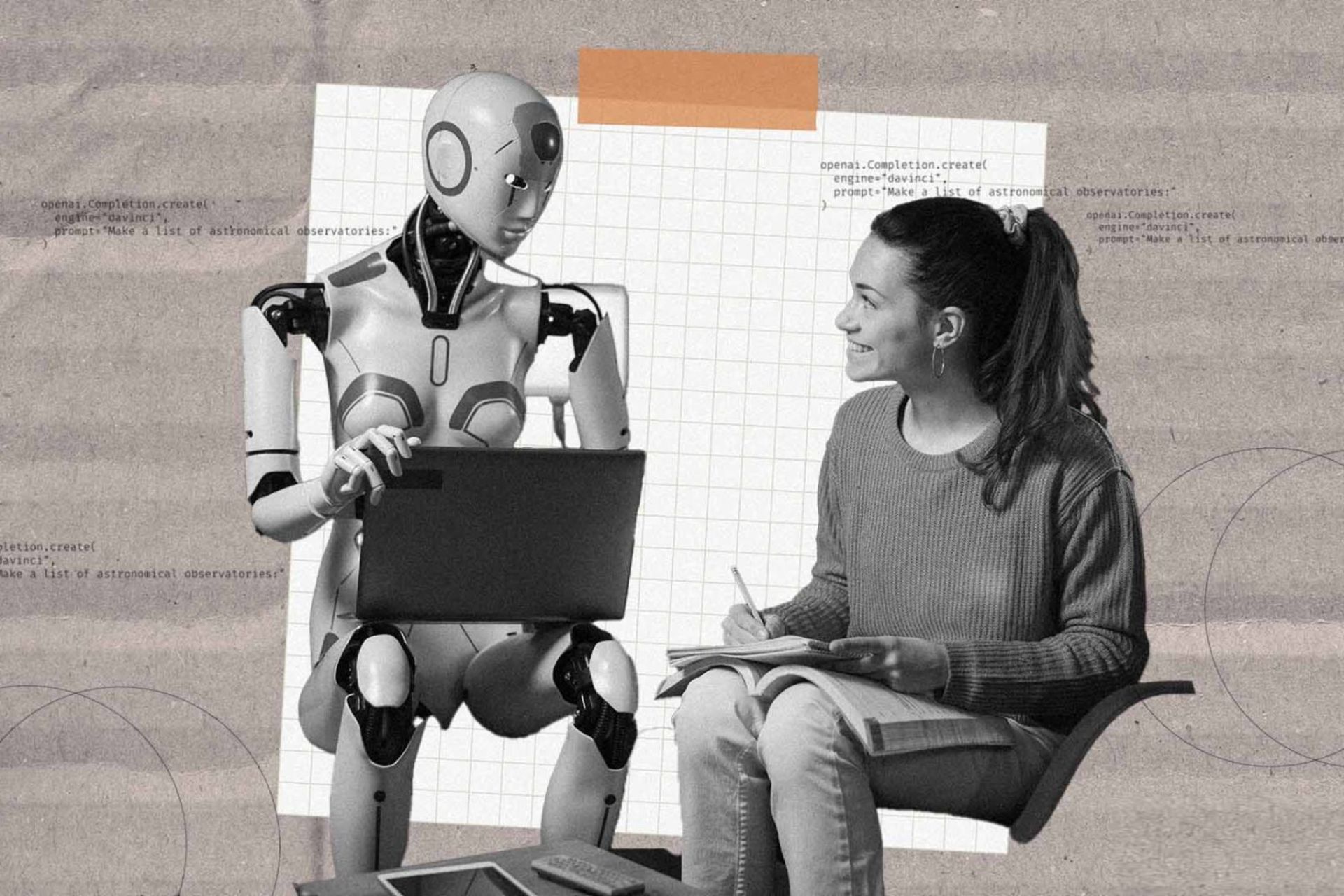 زن جوان درحال آموزش ربات هوش مصنوعی