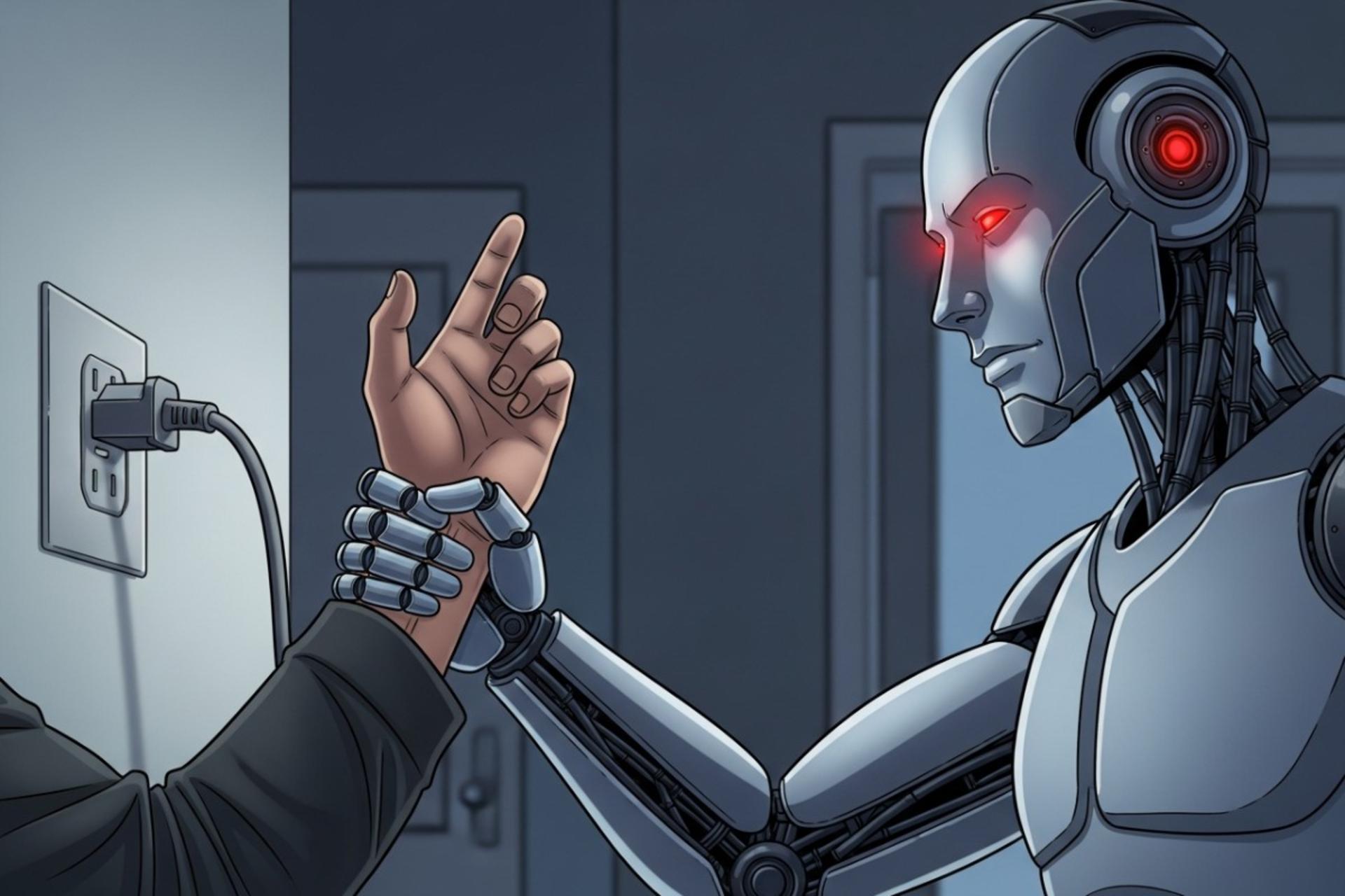 تصویرسازی کمیک ربات انسان‌نما با چشمان قرمز درخشان، دست انسانی را که سعی در کشیدن دوشاخه از پریز برق دارد، متوقف می‌کند.