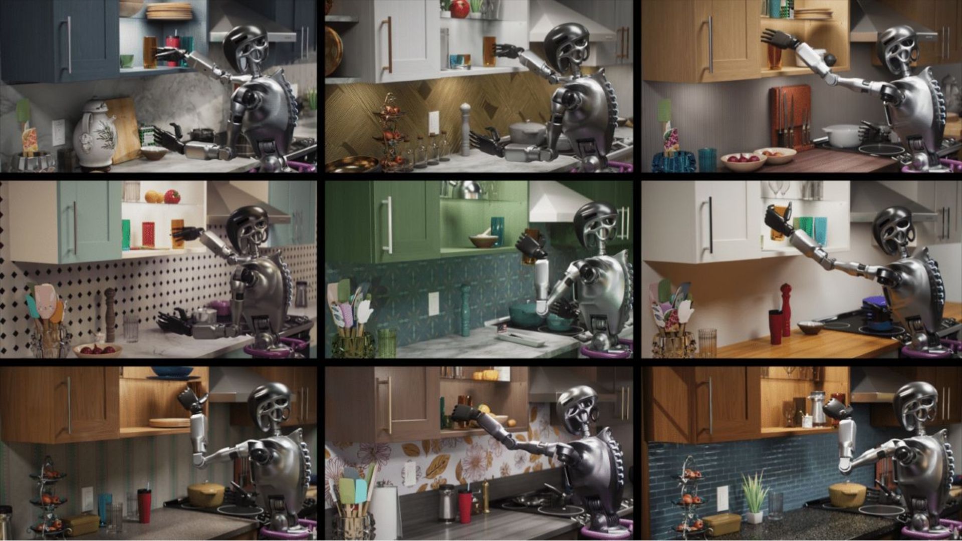 طرح چندین ربات انسان‌نما در حال کار در چندین آشپزخانه