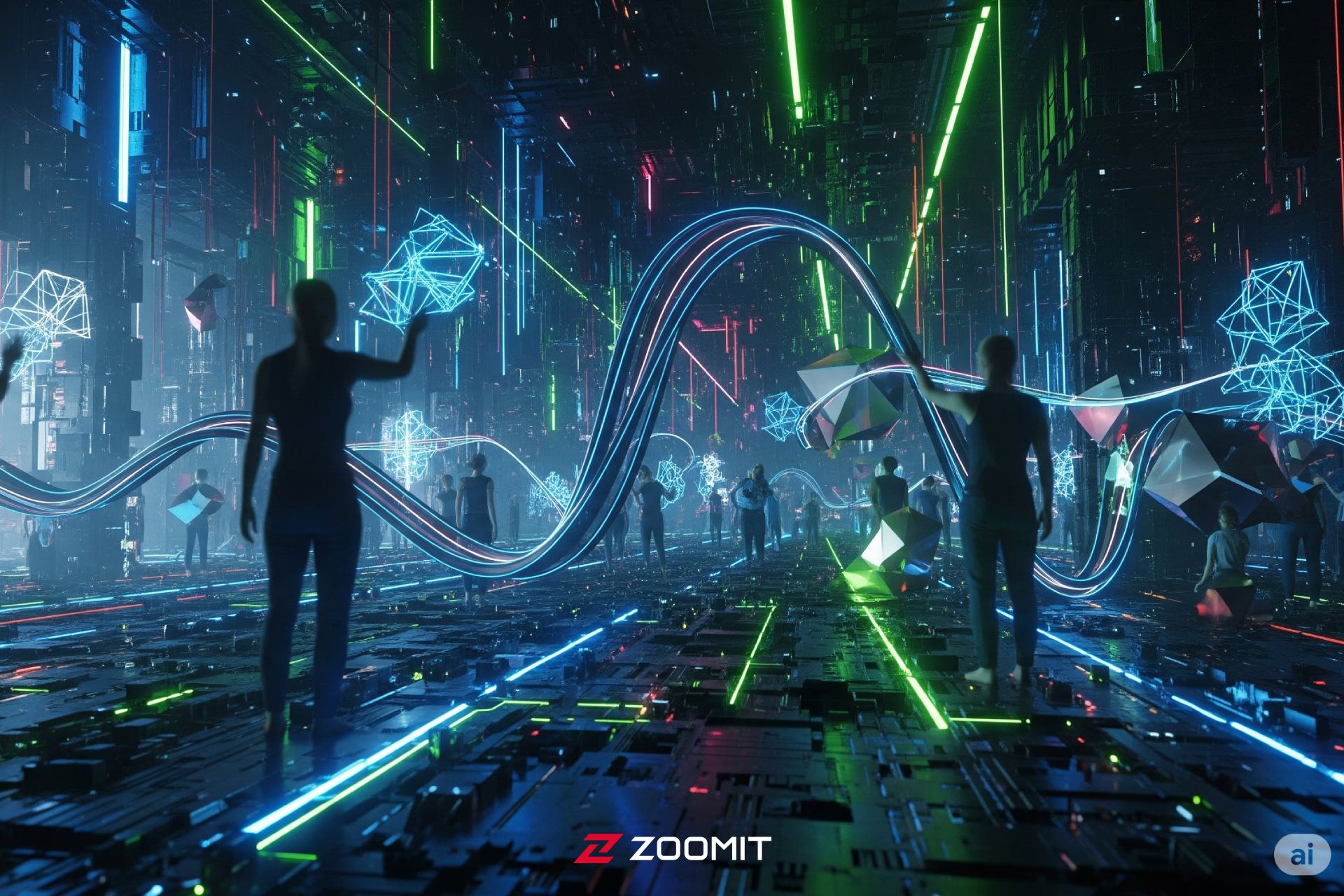 تصویرسازی تعامل انسان و هوش مصنوعی در فضای سرد و دیجیتال با نمایش روان‌پریشی و انسان‌های محو.