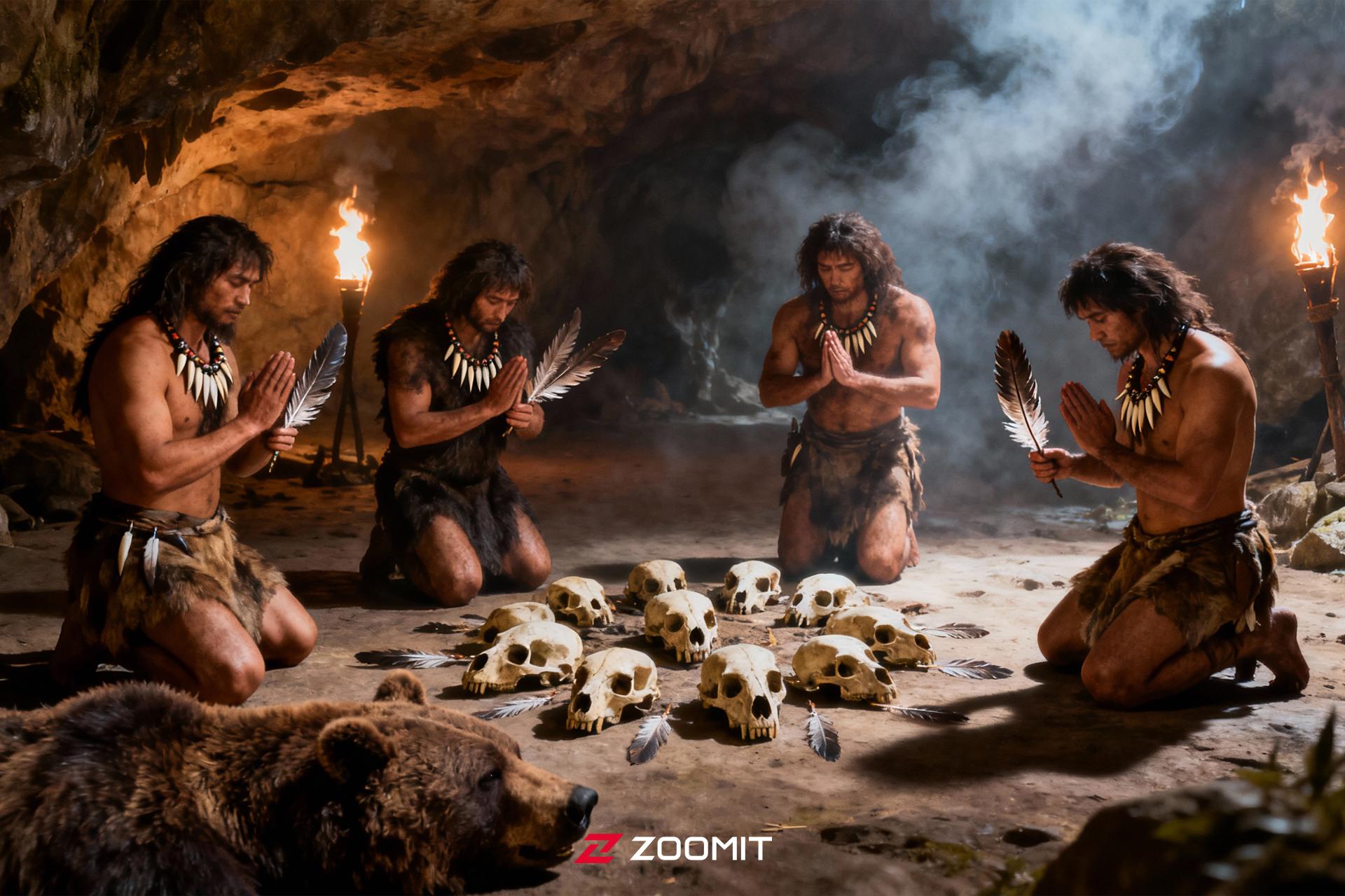 تصویرسازی از انسان‌های اولیه در غار درحال انجام مناسک آیینی