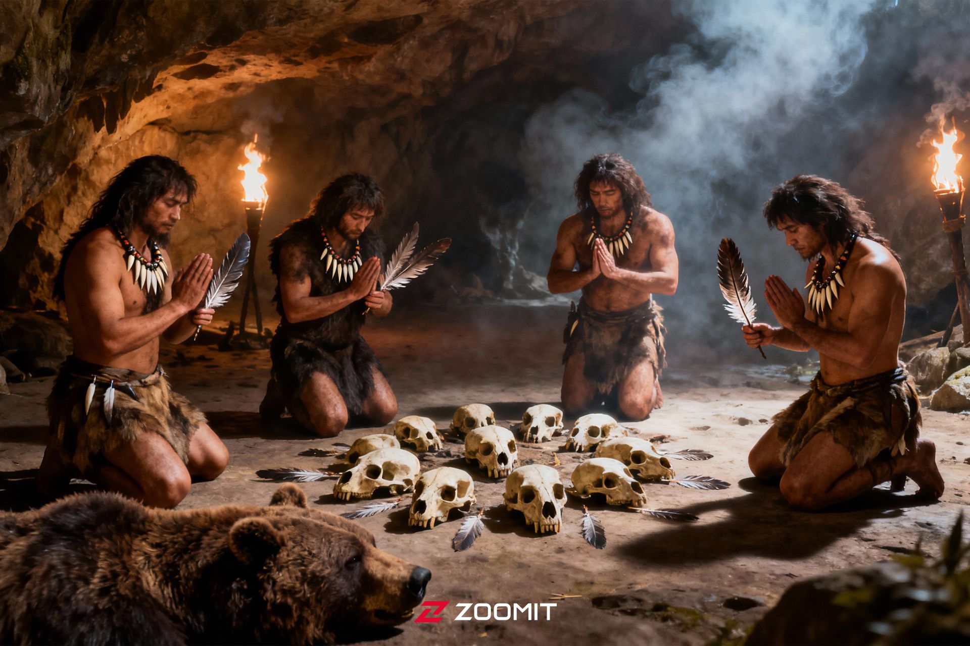 تصویرسازی از انسان‌های اولیه در غار درحال انجام مناسک آیینی