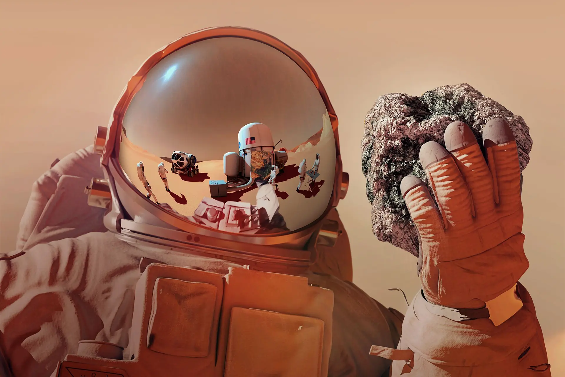 تصویرسازی از فضانورد مریخی درحالی‌که سنگی بزرگ را در دست گرفته است