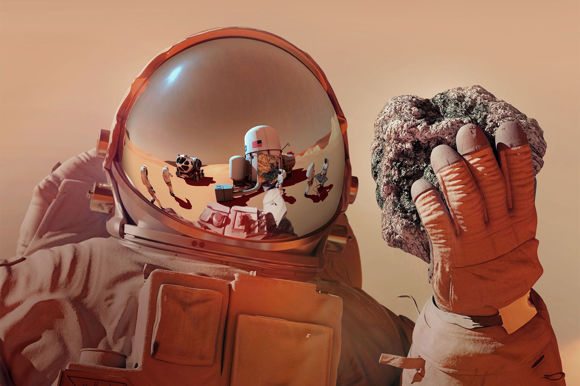 تصویرسازی از فضانورد مریخی درحالی‌که سنگی بزرگ را در دست گرفته است